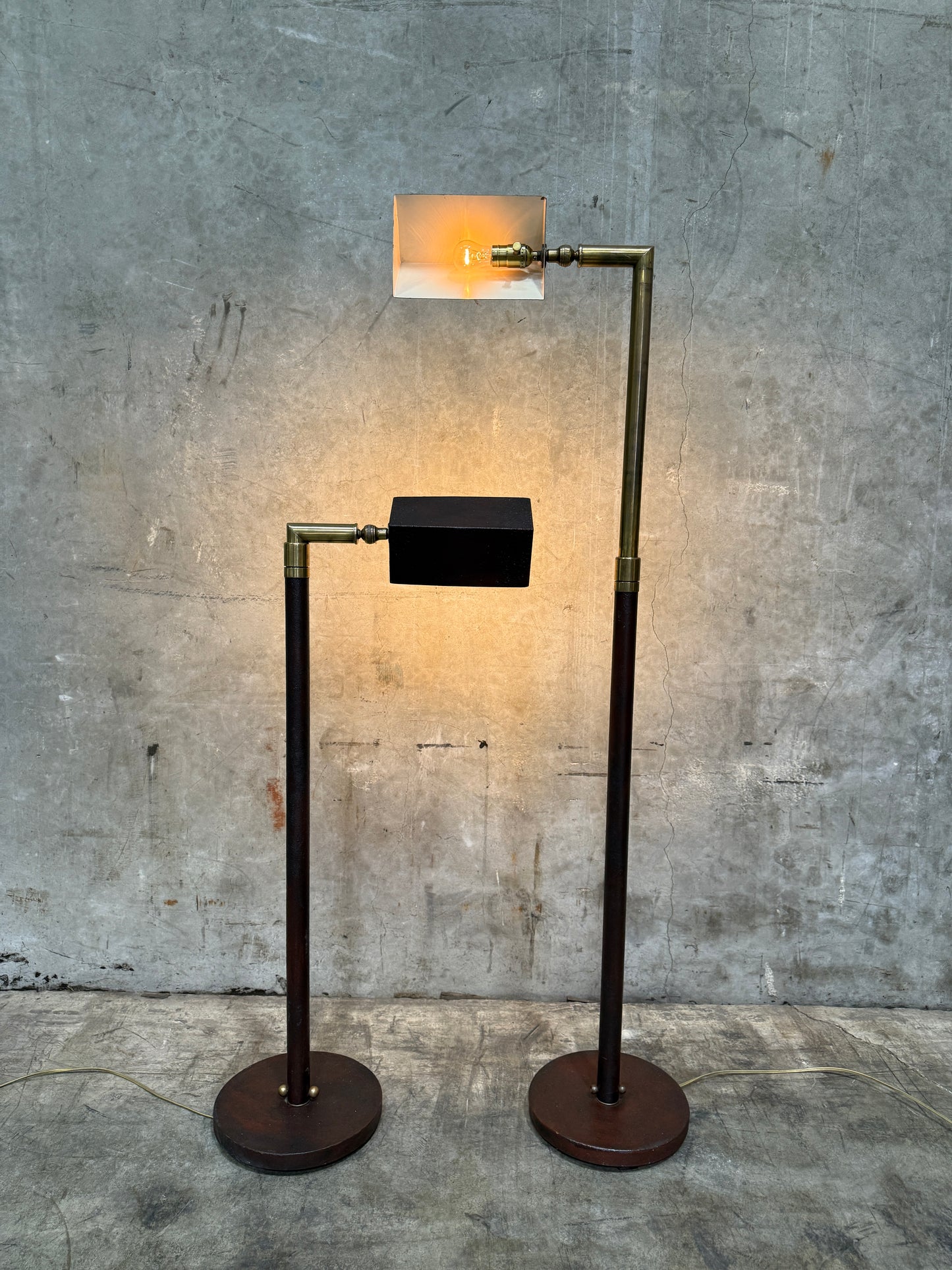 Midcentury Adjustable Floor Lamps — Brass & Textured Metal Directional Lamps (Pair)