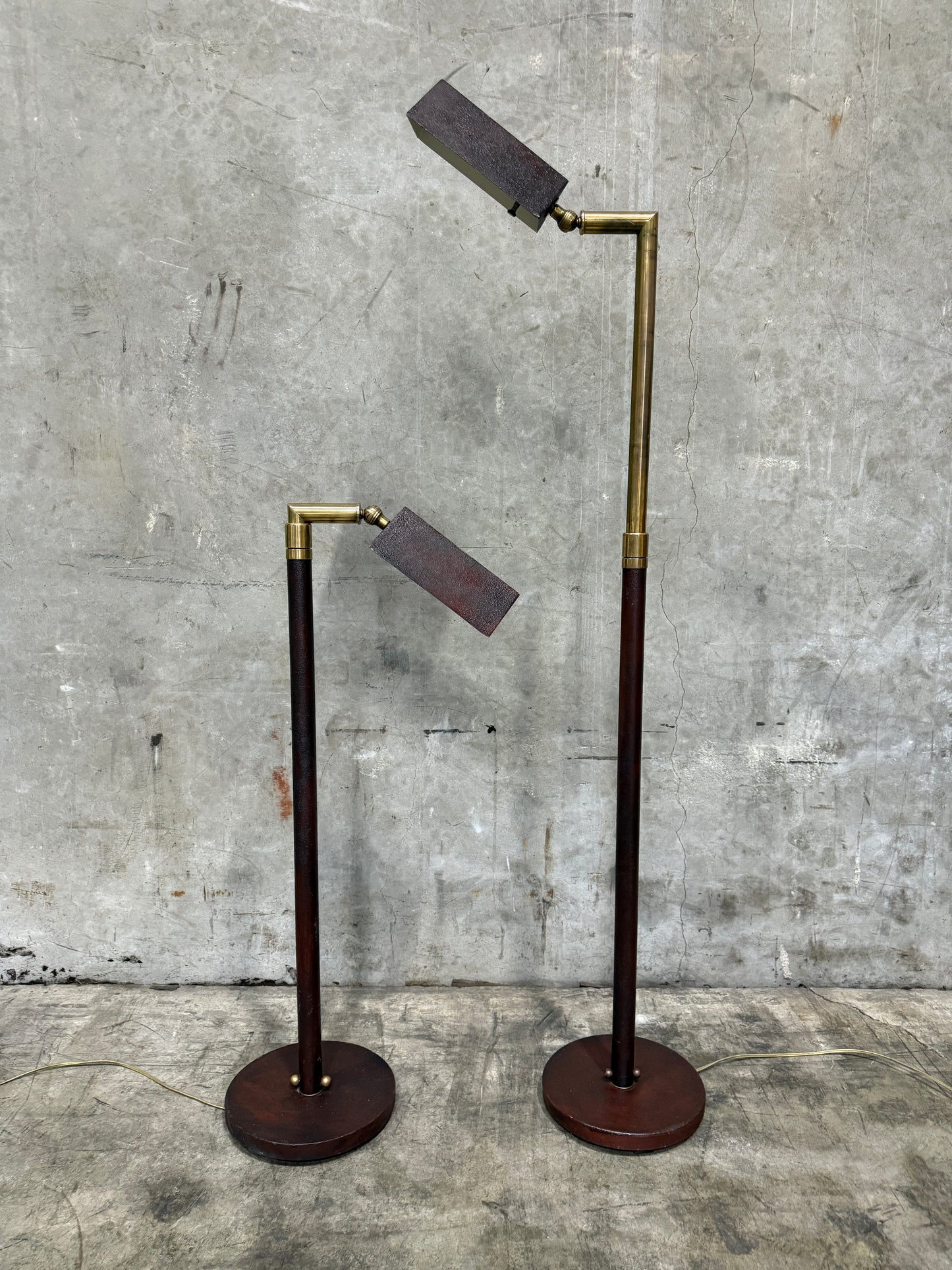 Midcentury Adjustable Floor Lamps — Brass & Textured Metal Directional Lamps (Pair)