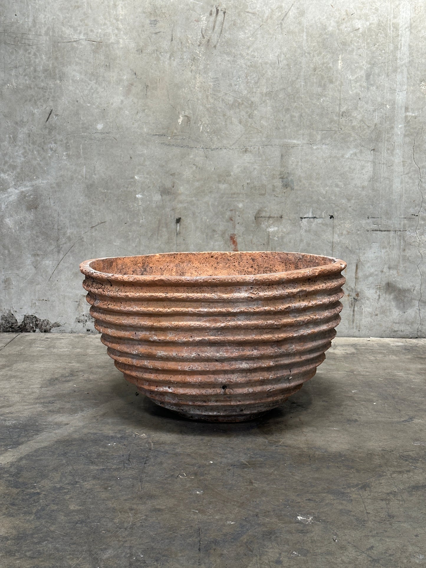 Antique Weathered Terracotta Fluted Jardiniere, Wide Bowl Form, Encrusted Patina