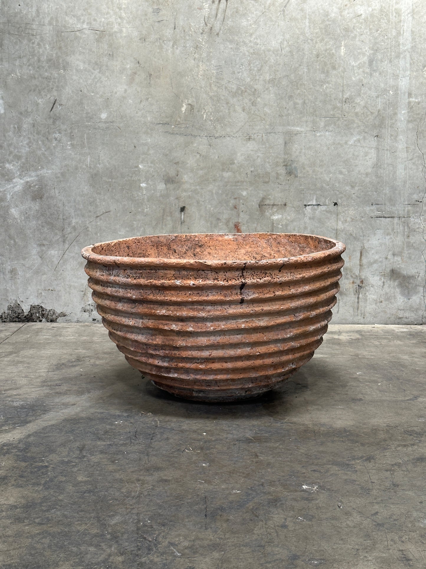 Antique Weathered Terracotta Fluted Jardiniere, Wide Bowl Form, Encrusted Patina