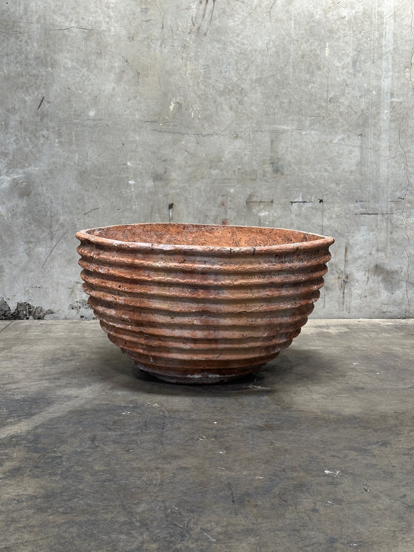 Antique Weathered Terracotta Fluted Jardiniere, Wide Bowl Form, Encrusted Patina