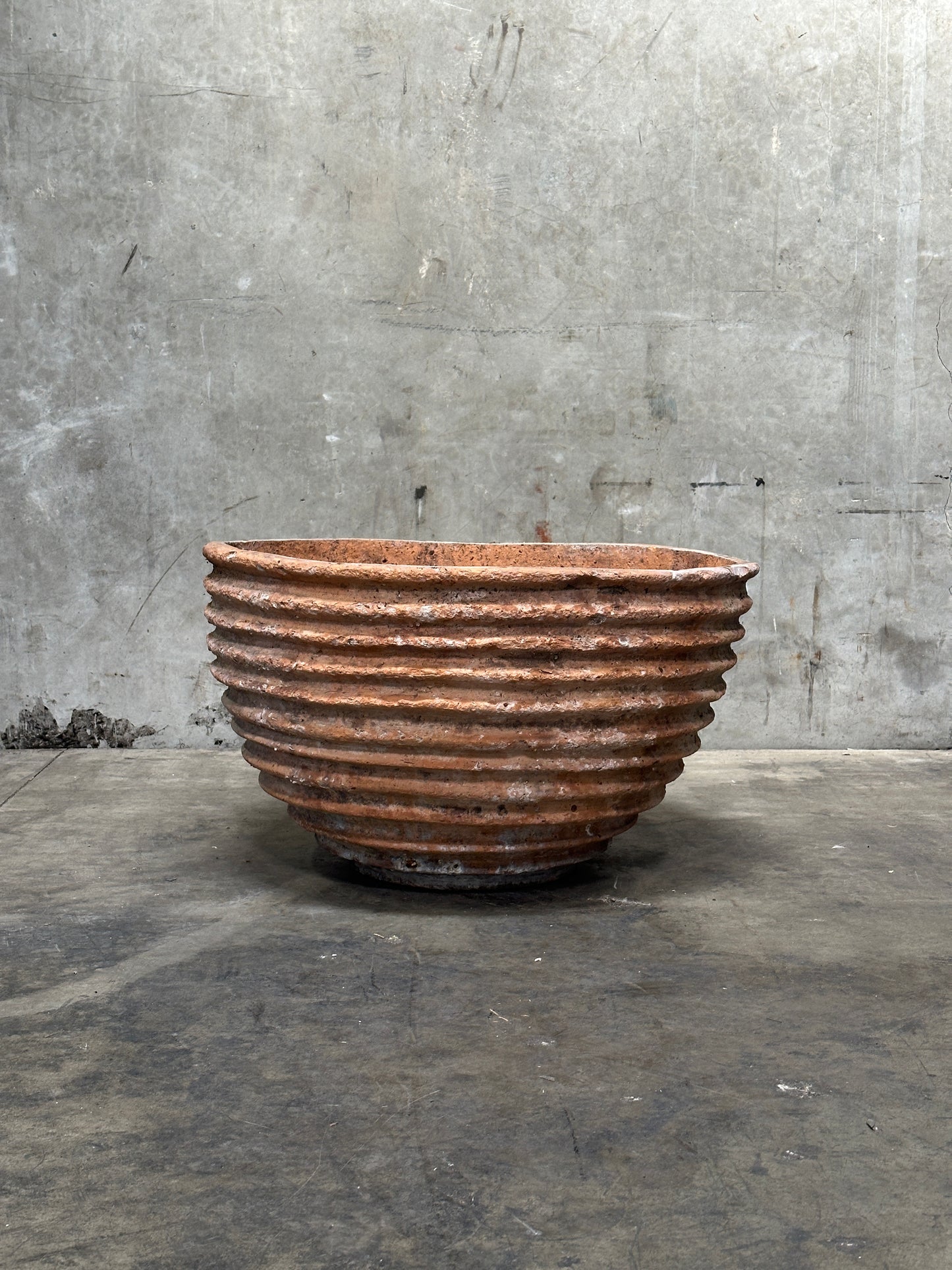 Antique Weathered Terracotta Fluted Jardiniere, Wide Bowl Form, Encrusted Patina
