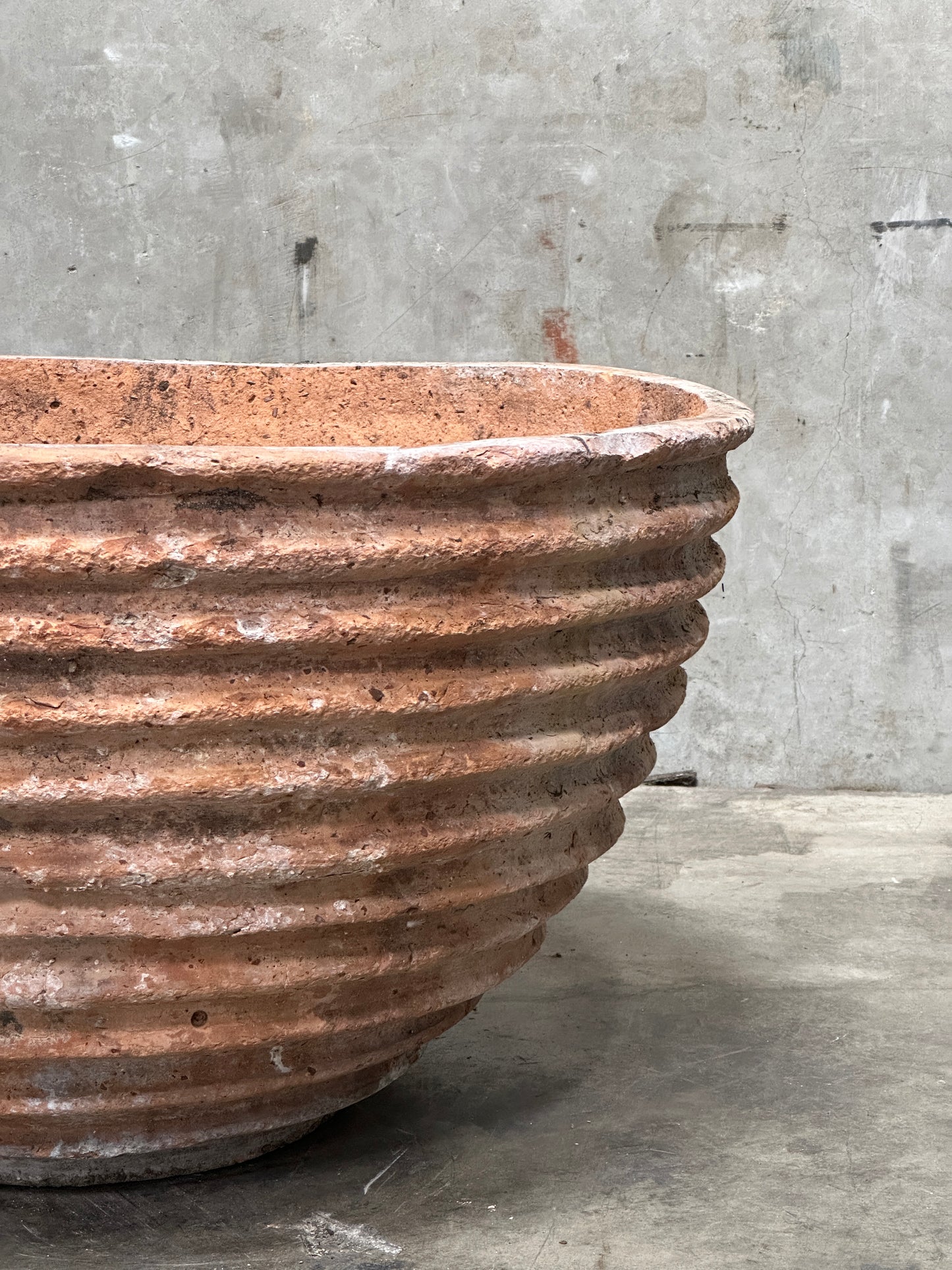 Antique Weathered Terracotta Fluted Jardiniere, Wide Bowl Form, Encrusted Patina