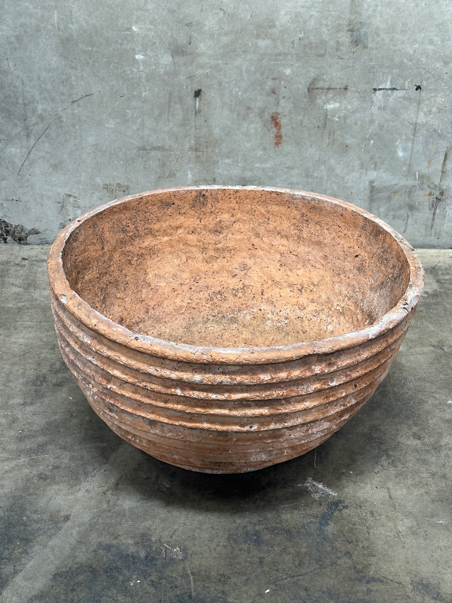 Antique Weathered Terracotta Fluted Jardiniere, Wide Bowl Form, Encrusted Patina
