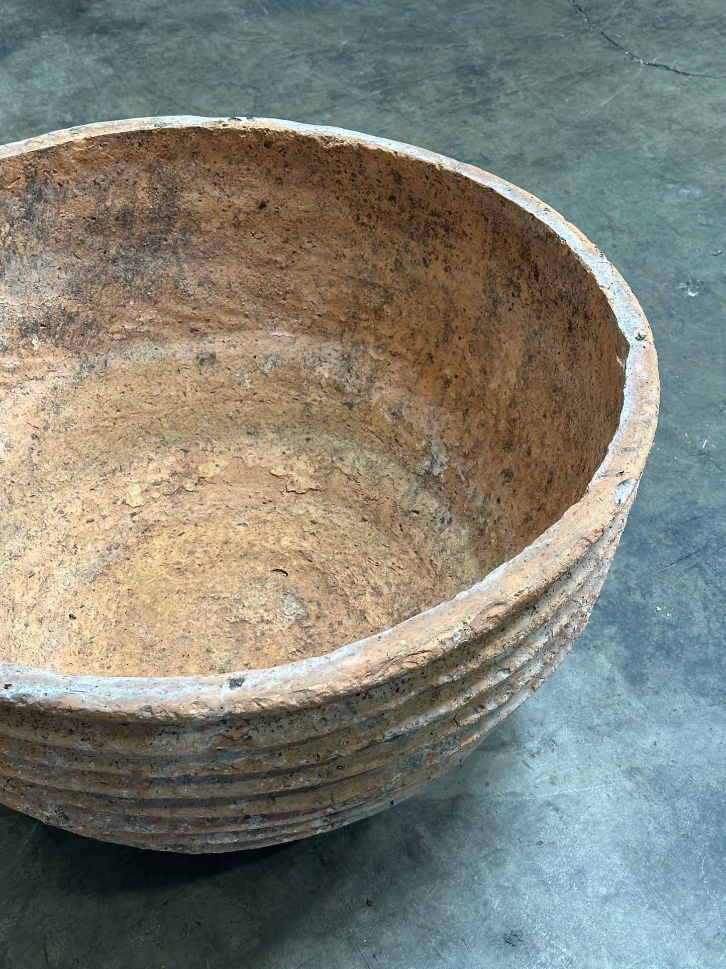 Antique Weathered Terracotta Fluted Jardiniere, Wide Bowl Form, Encrusted Patina
