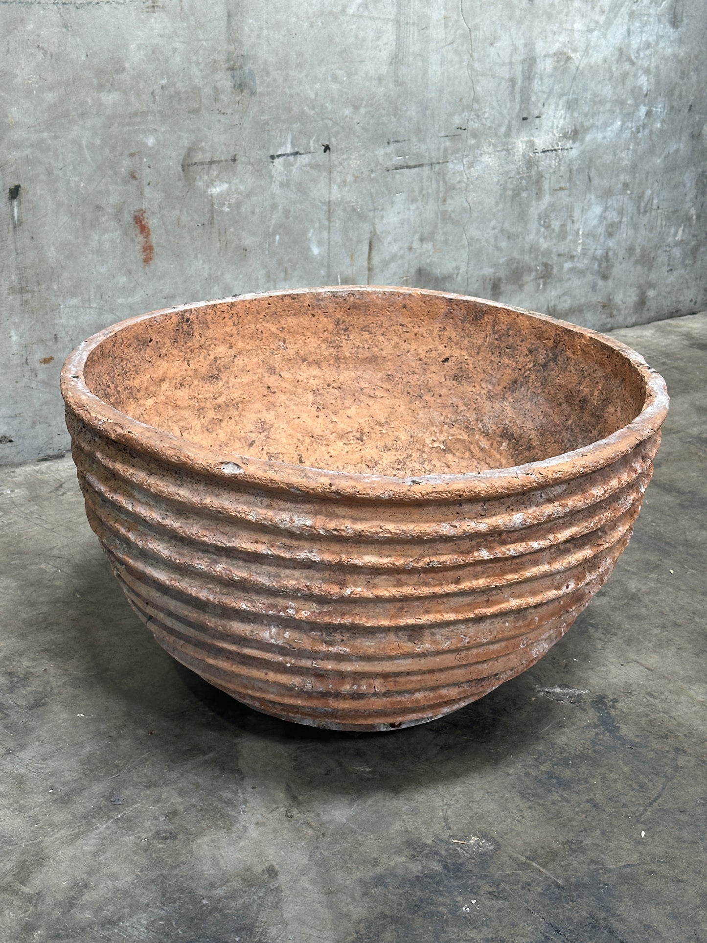 Antique Weathered Terracotta Fluted Jardiniere, Wide Bowl Form, Encrusted Patina