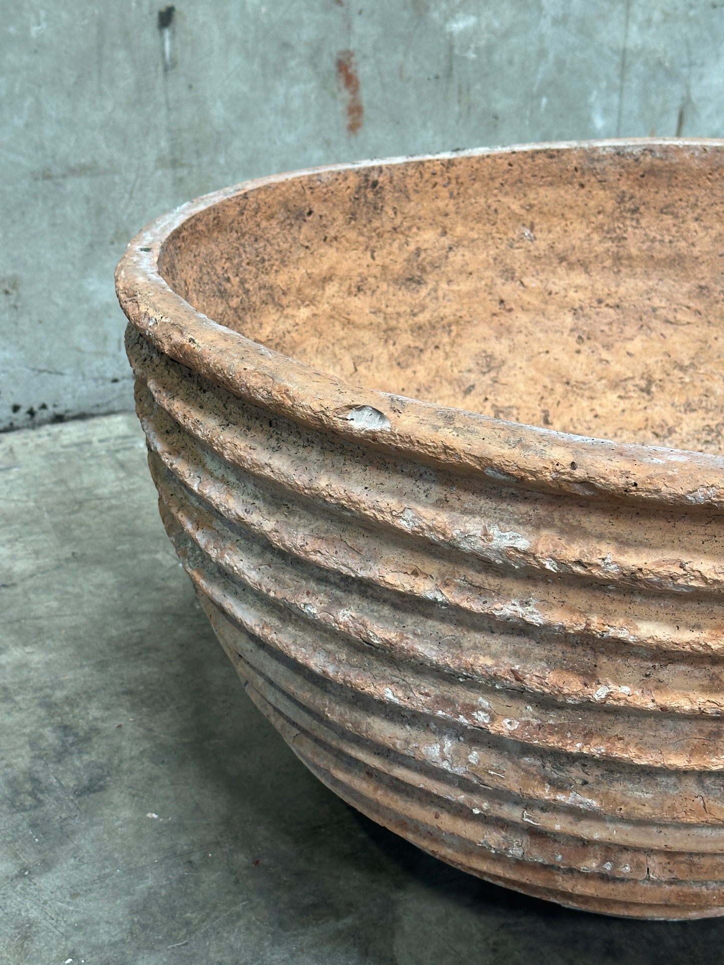 Antique Weathered Terracotta Fluted Jardiniere, Wide Bowl Form, Encrusted Patina
