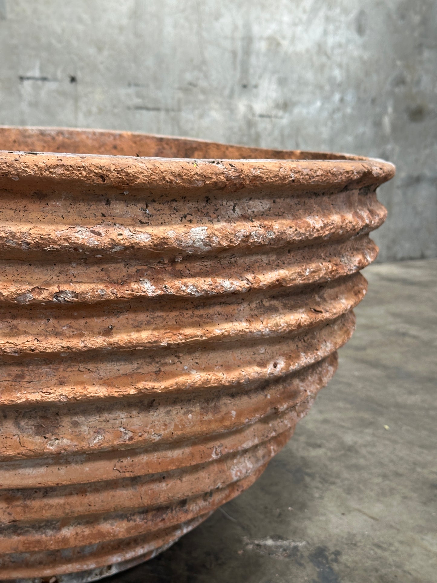 Antique Weathered Terracotta Fluted Jardiniere, Wide Bowl Form, Encrusted Patina