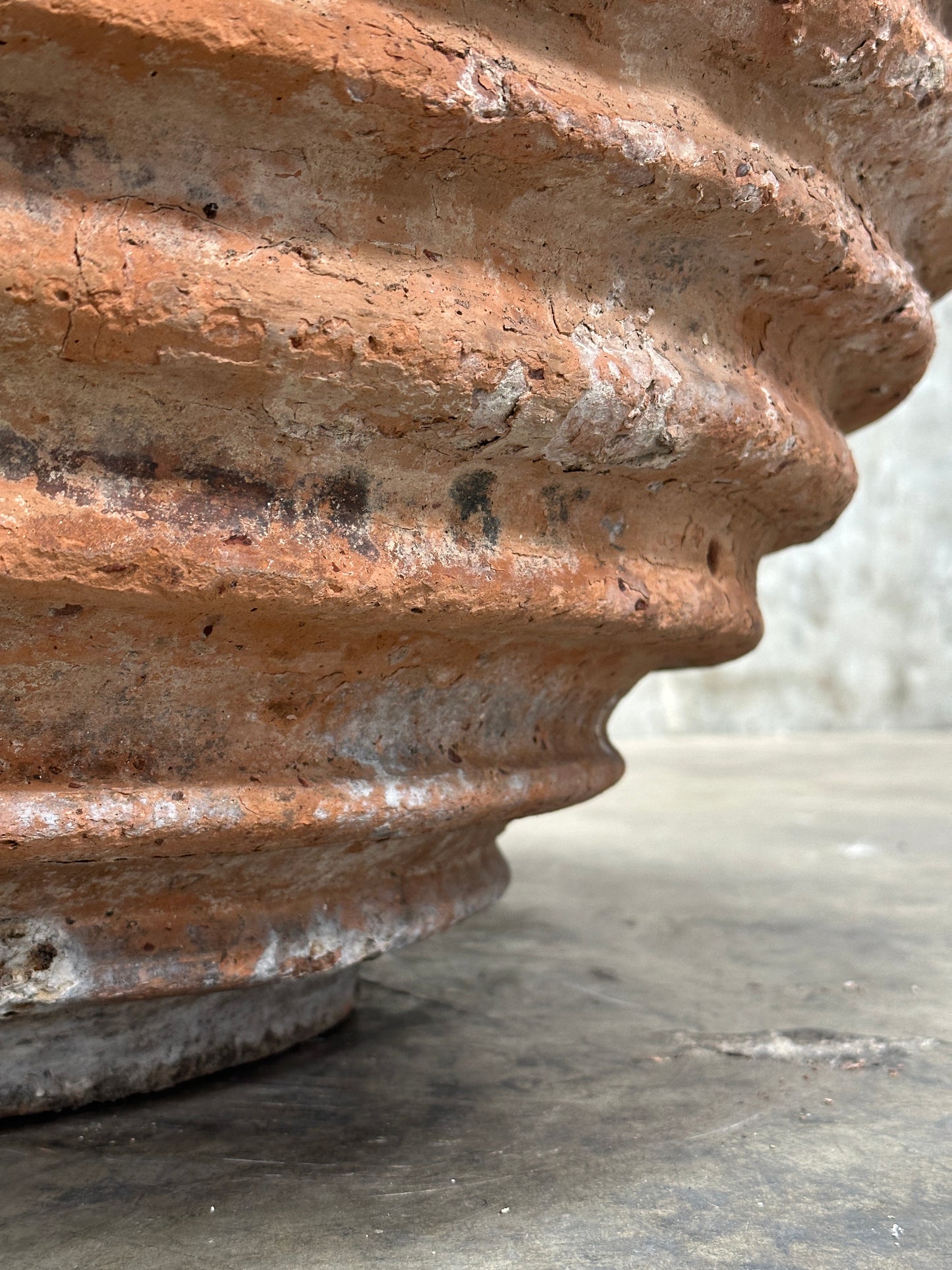 Antique Weathered Terracotta Fluted Jardiniere, Wide Bowl Form, Encrusted Patina