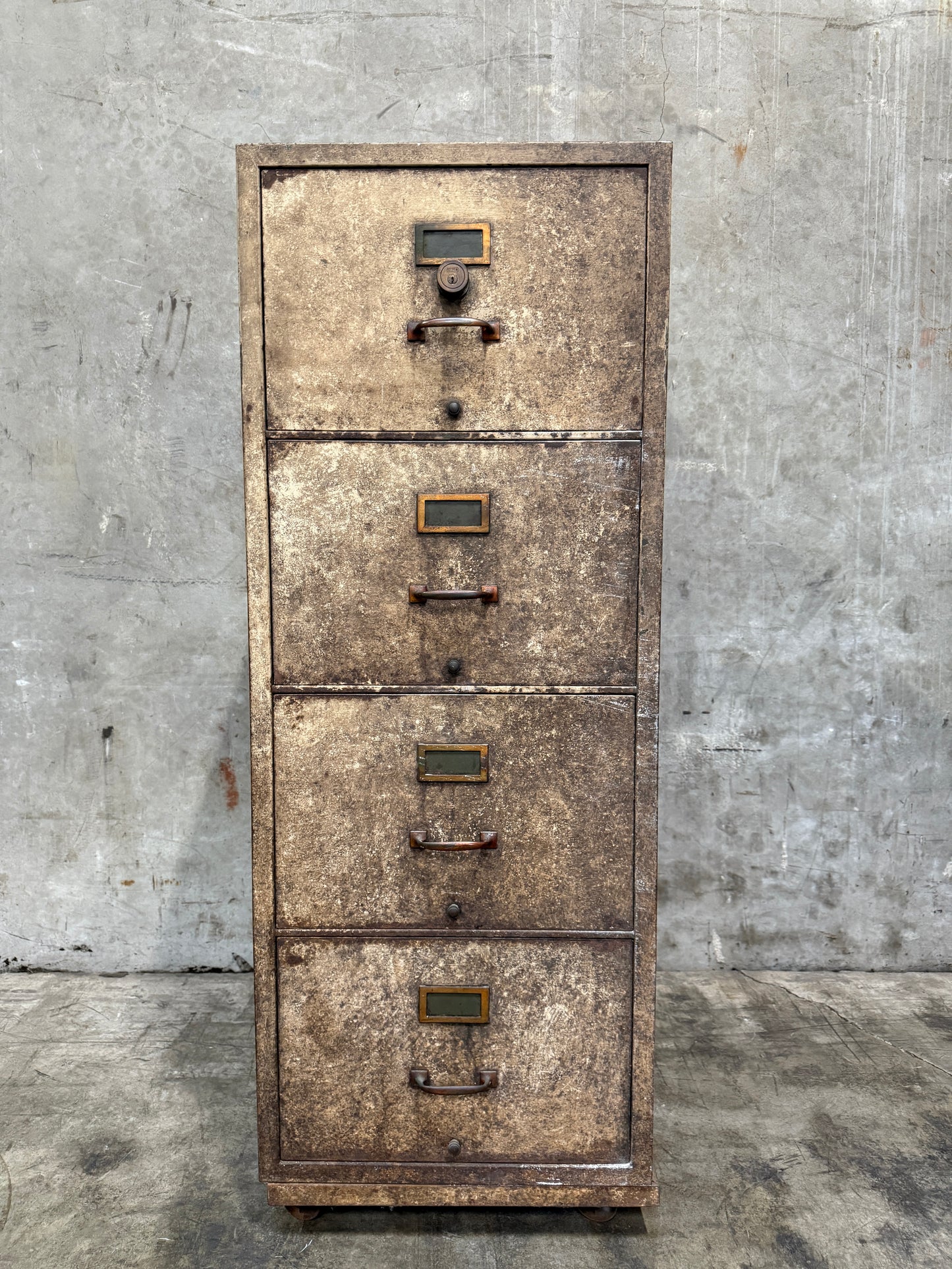 WWII-Era Fireproof Filing Cabinet — 4-Drawer Industrial Steel Safe on Casters (55.75”H)