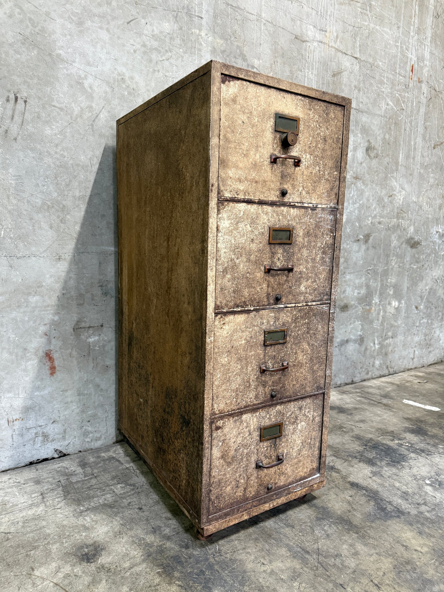 WWII-Era Fireproof Filing Cabinet — 4-Drawer Industrial Steel Safe on Casters (55.75”H)