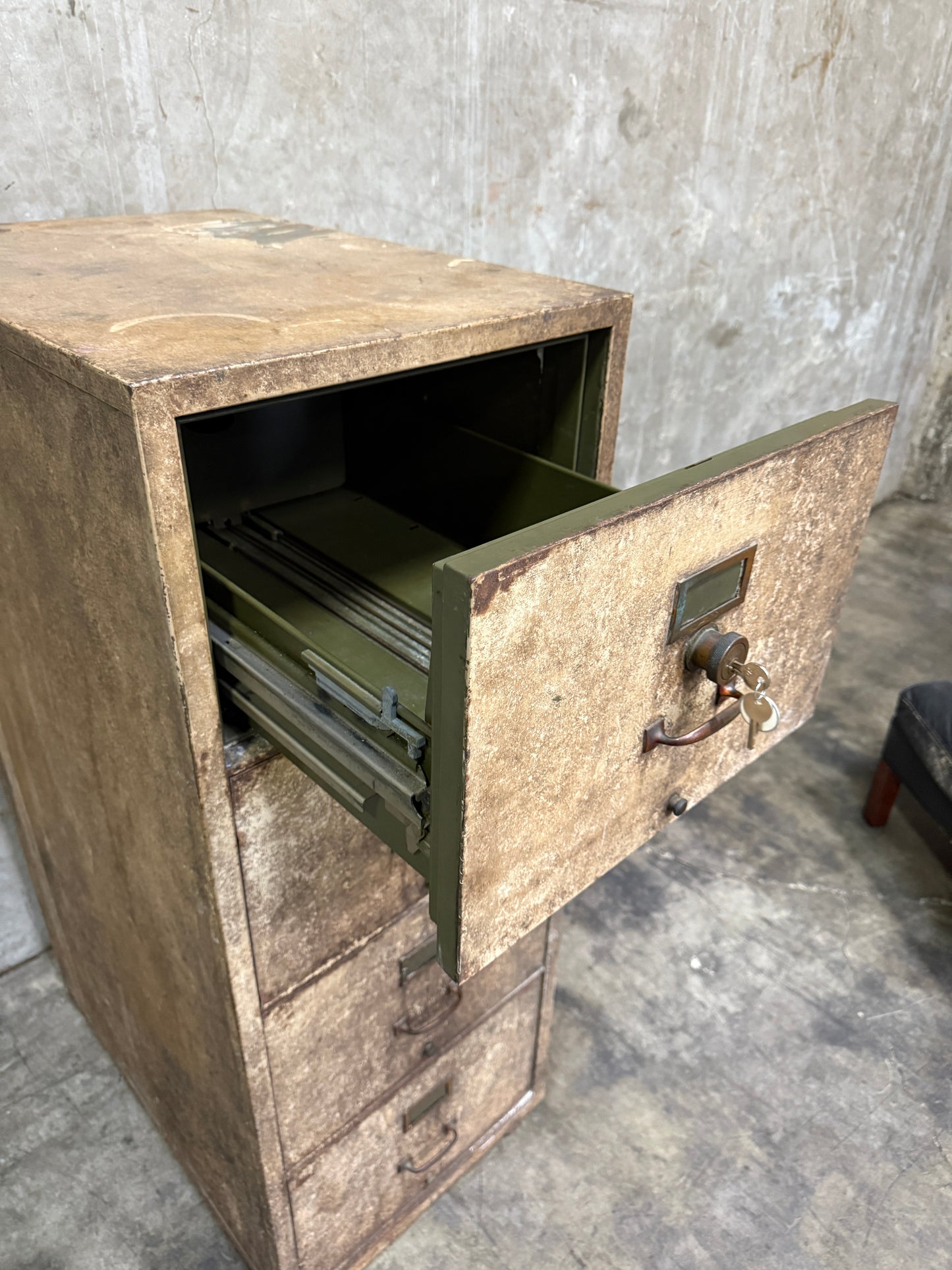 WWII-Era Fireproof Filing Cabinet — 4-Drawer Industrial Steel Safe on Casters (55.75”H)