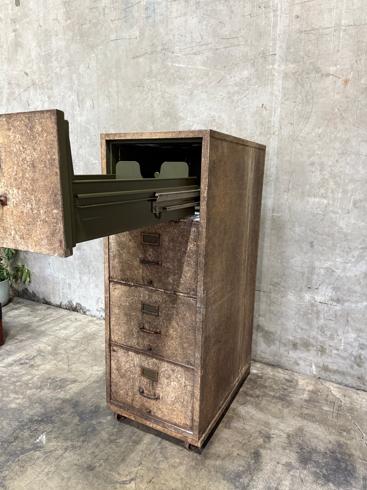 WWII-Era Fireproof Filing Cabinet — 4-Drawer Industrial Steel Safe on Casters (55.75”H)