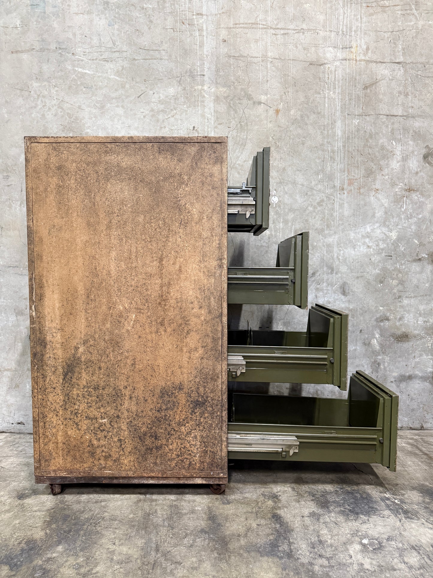 WWII-Era Fireproof Filing Cabinet — 4-Drawer Industrial Steel Safe on Casters (55.75”H)