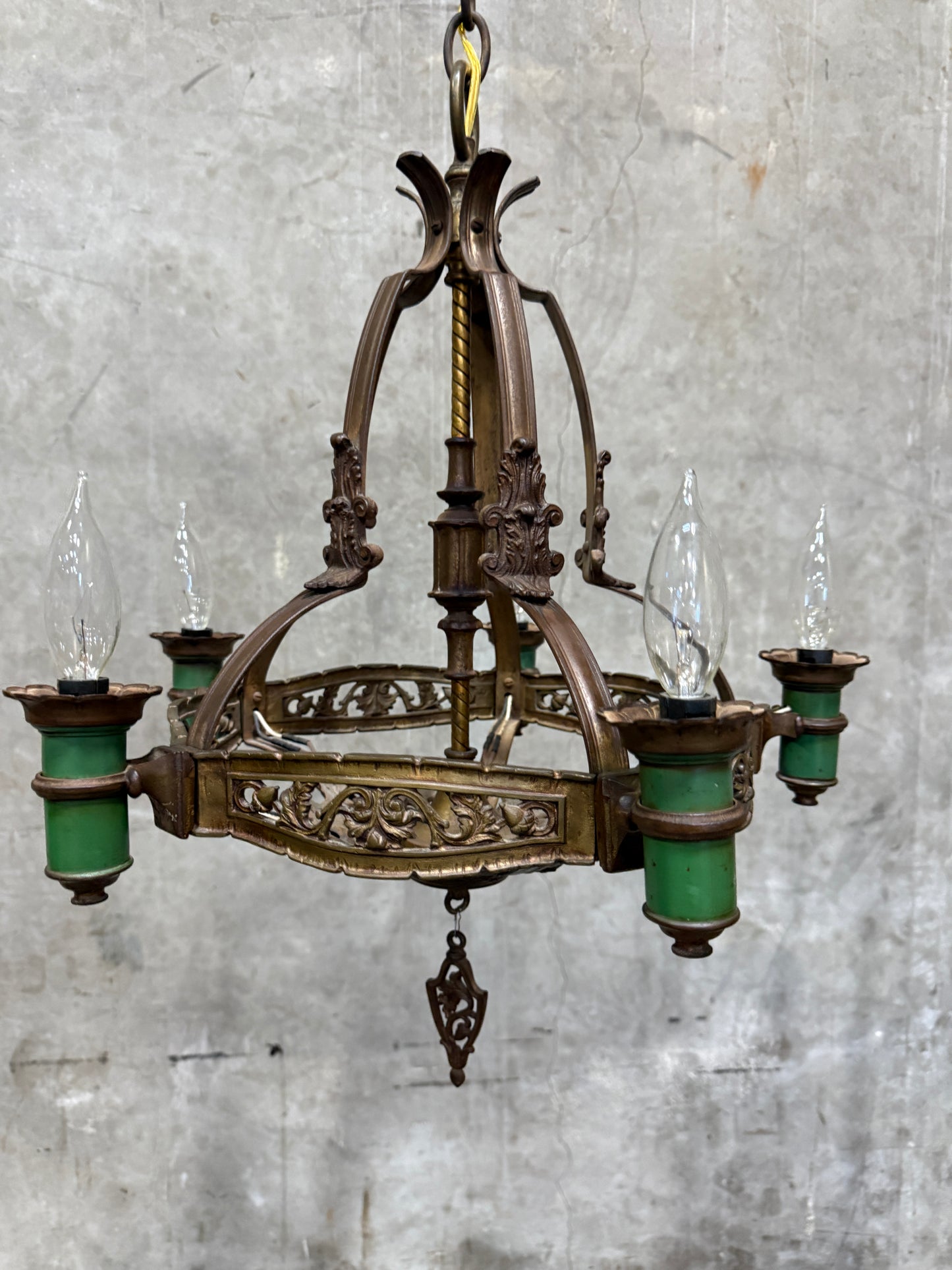 1920s Spanish Revival / Gothic Revival Cast Iron Chandelier – 4-Light Fixture with Green Candle Sleeves (20” Diameter)