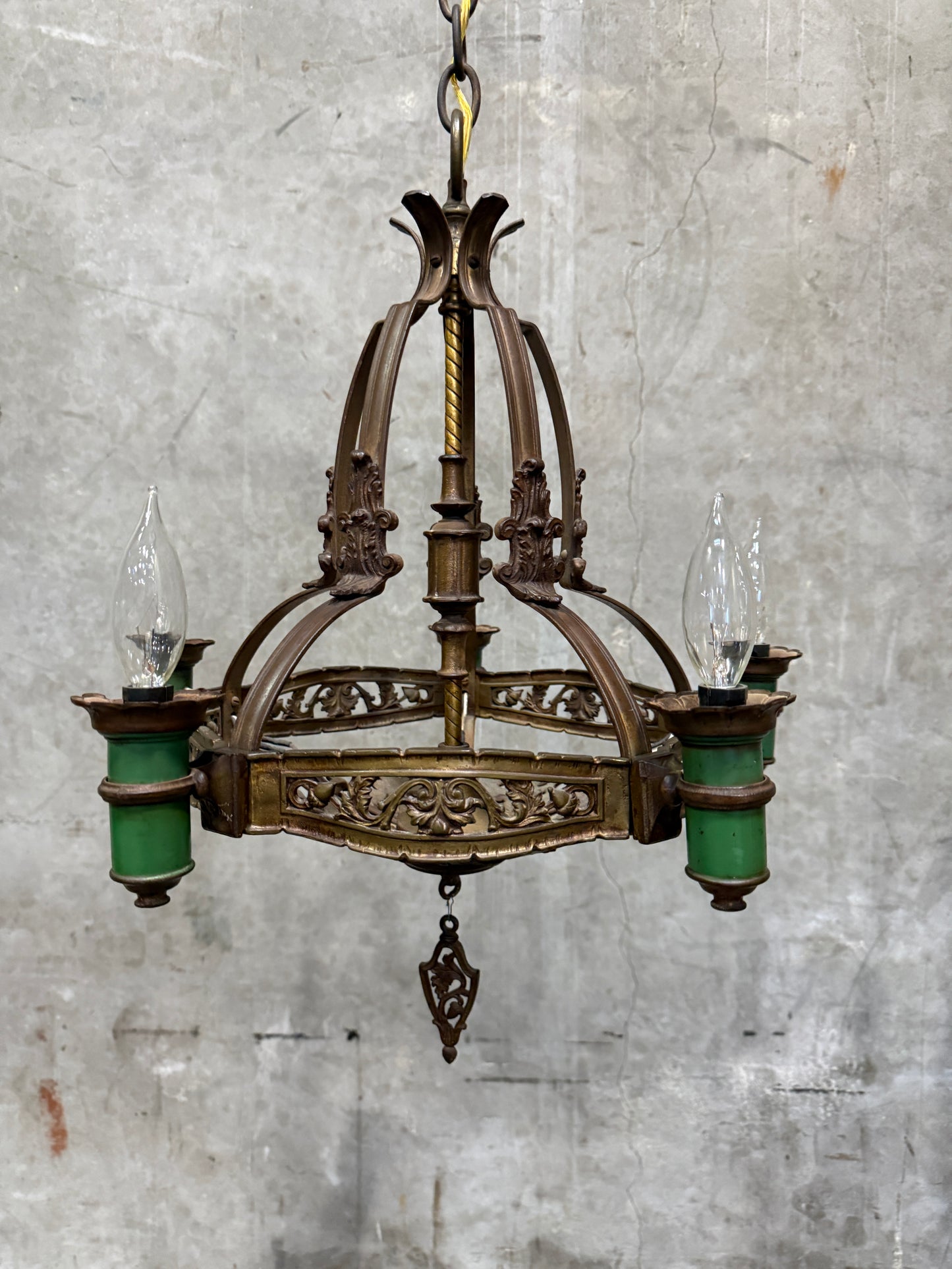 1920s Spanish Revival / Gothic Revival Cast Iron Chandelier – 4-Light Fixture with Green Candle Sleeves (20” Diameter)