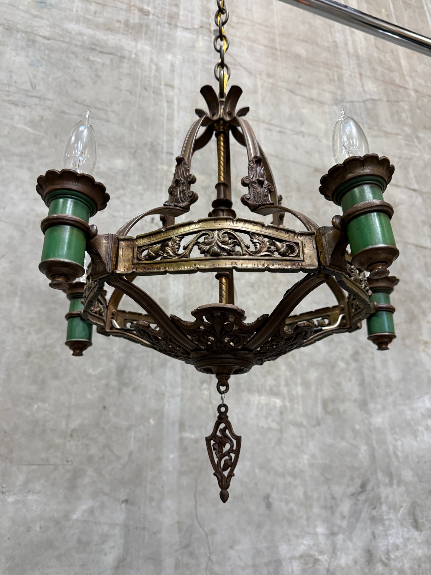 1920s Spanish Revival / Gothic Revival Cast Iron Chandelier – 4-Light Fixture with Green Candle Sleeves (20” Diameter)