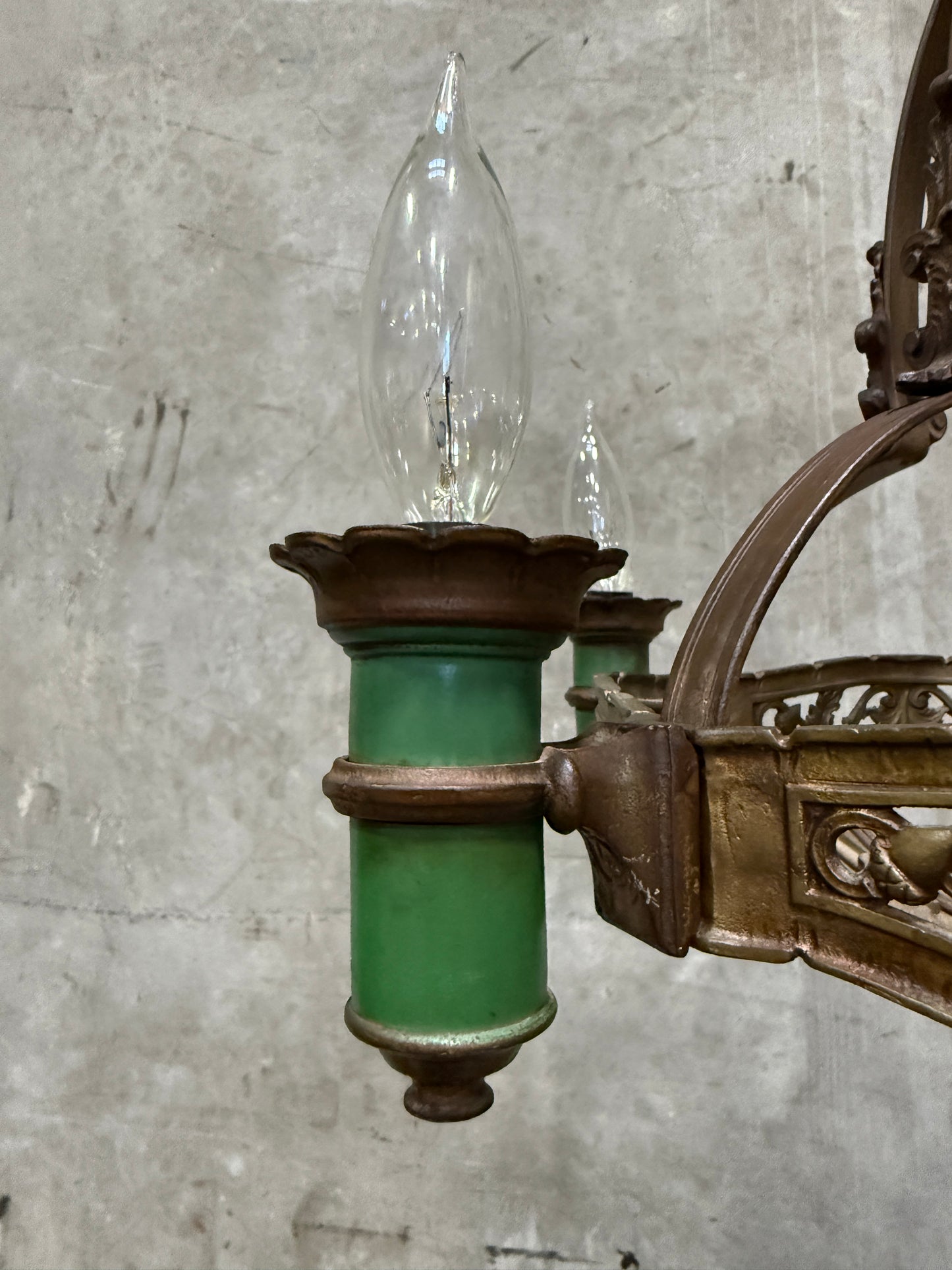 1920s Spanish Revival / Gothic Revival Cast Iron Chandelier – 4-Light Fixture with Green Candle Sleeves (20” Diameter)