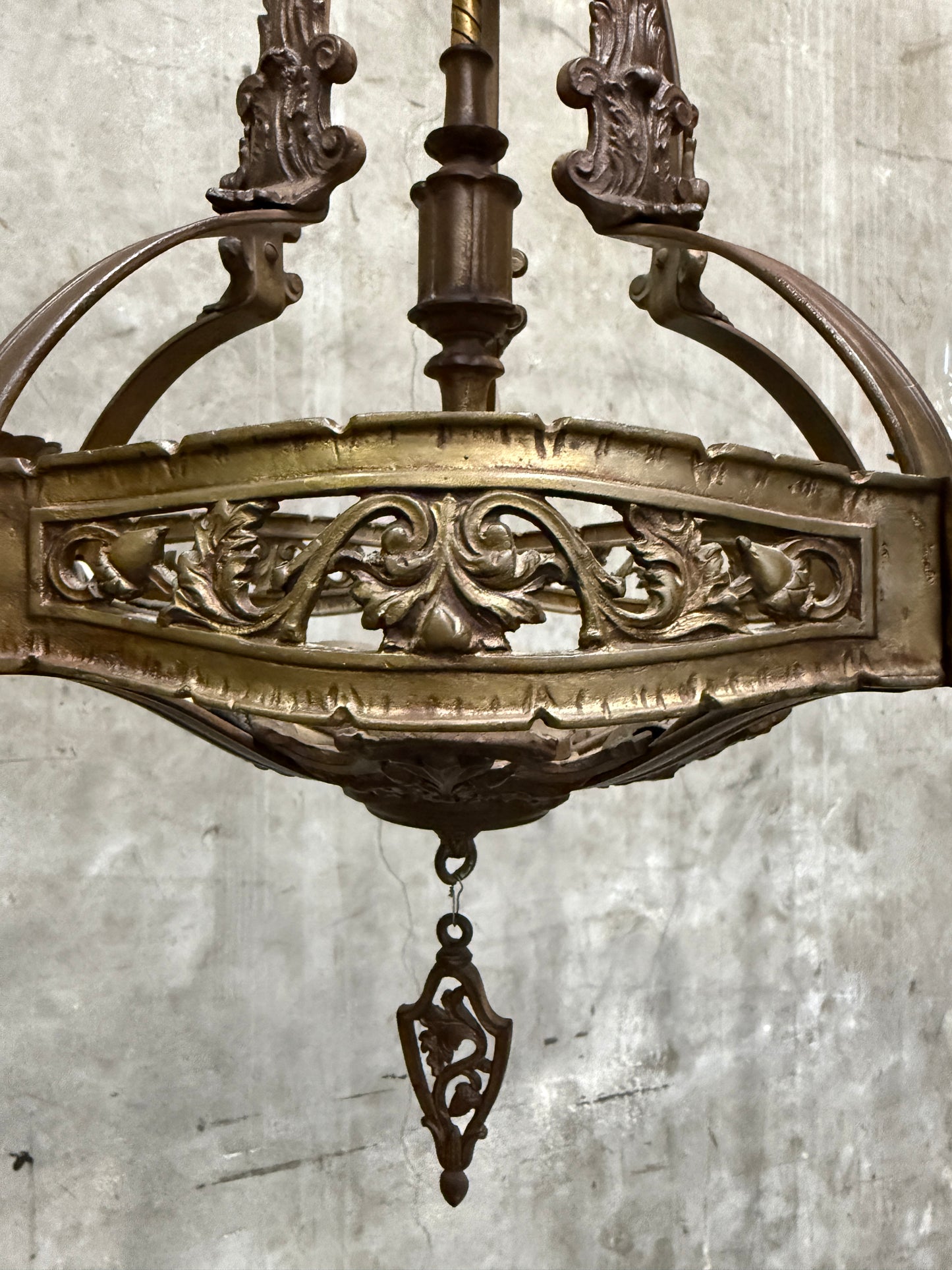 1920s Spanish Revival / Gothic Revival Cast Iron Chandelier – 4-Light Fixture with Green Candle Sleeves (20” Diameter)