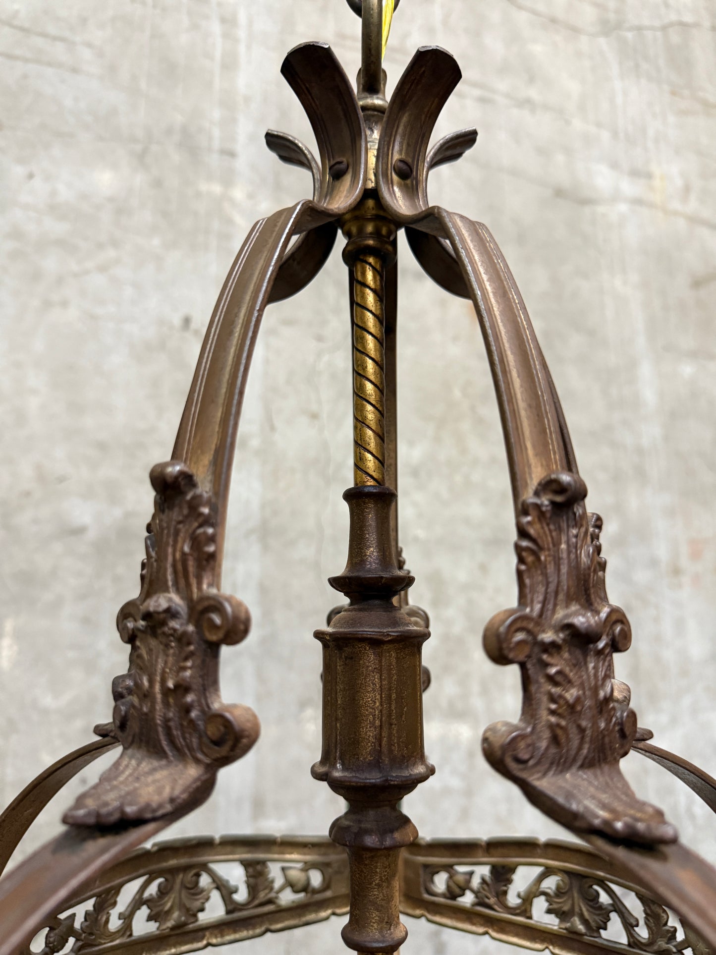 1920s Spanish Revival / Gothic Revival Cast Iron Chandelier – 4-Light Fixture with Green Candle Sleeves (20” Diameter)