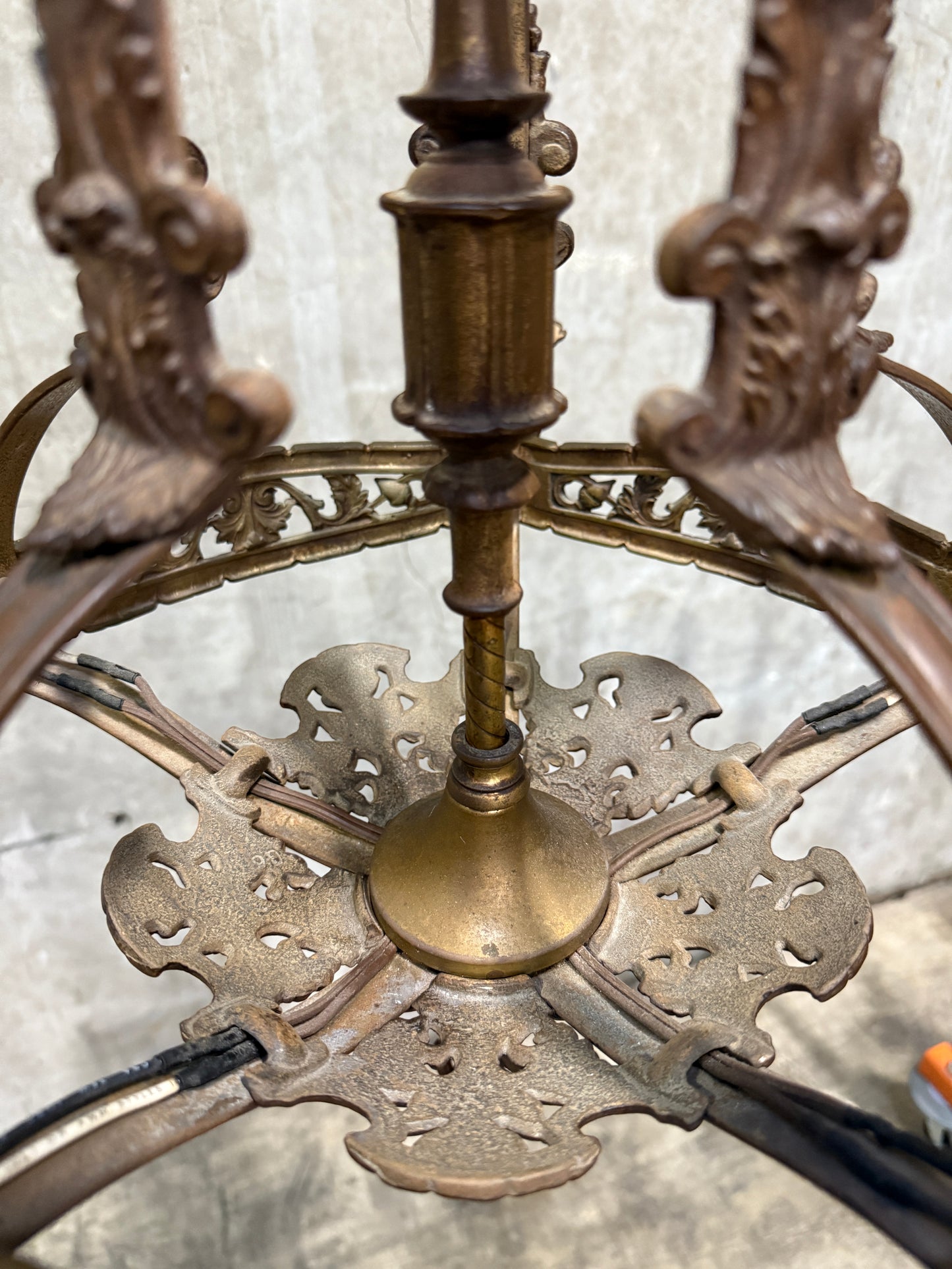 1920s Spanish Revival / Gothic Revival Cast Iron Chandelier – 4-Light Fixture with Green Candle Sleeves (20” Diameter)