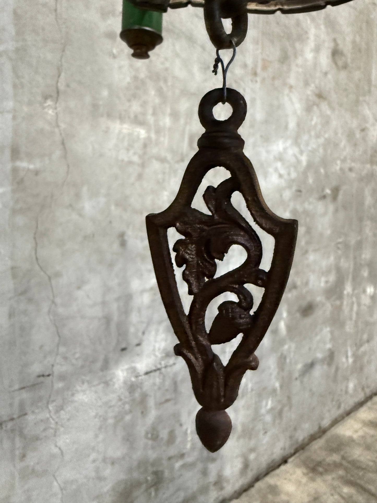 1920s Spanish Revival / Gothic Revival Cast Iron Chandelier – 4-Light Fixture with Green Candle Sleeves (20” Diameter)