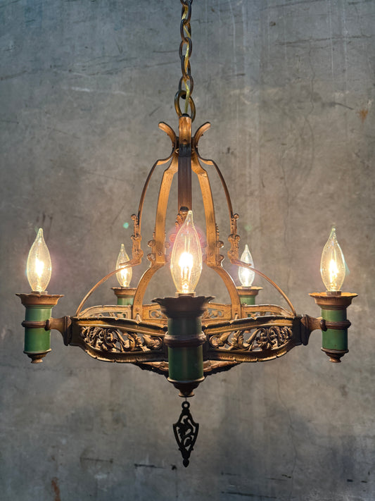 1920s Spanish Revival / Gothic Revival Cast Iron Chandelier – 4-Light Fixture with Green Candle Sleeves (20” Diameter)