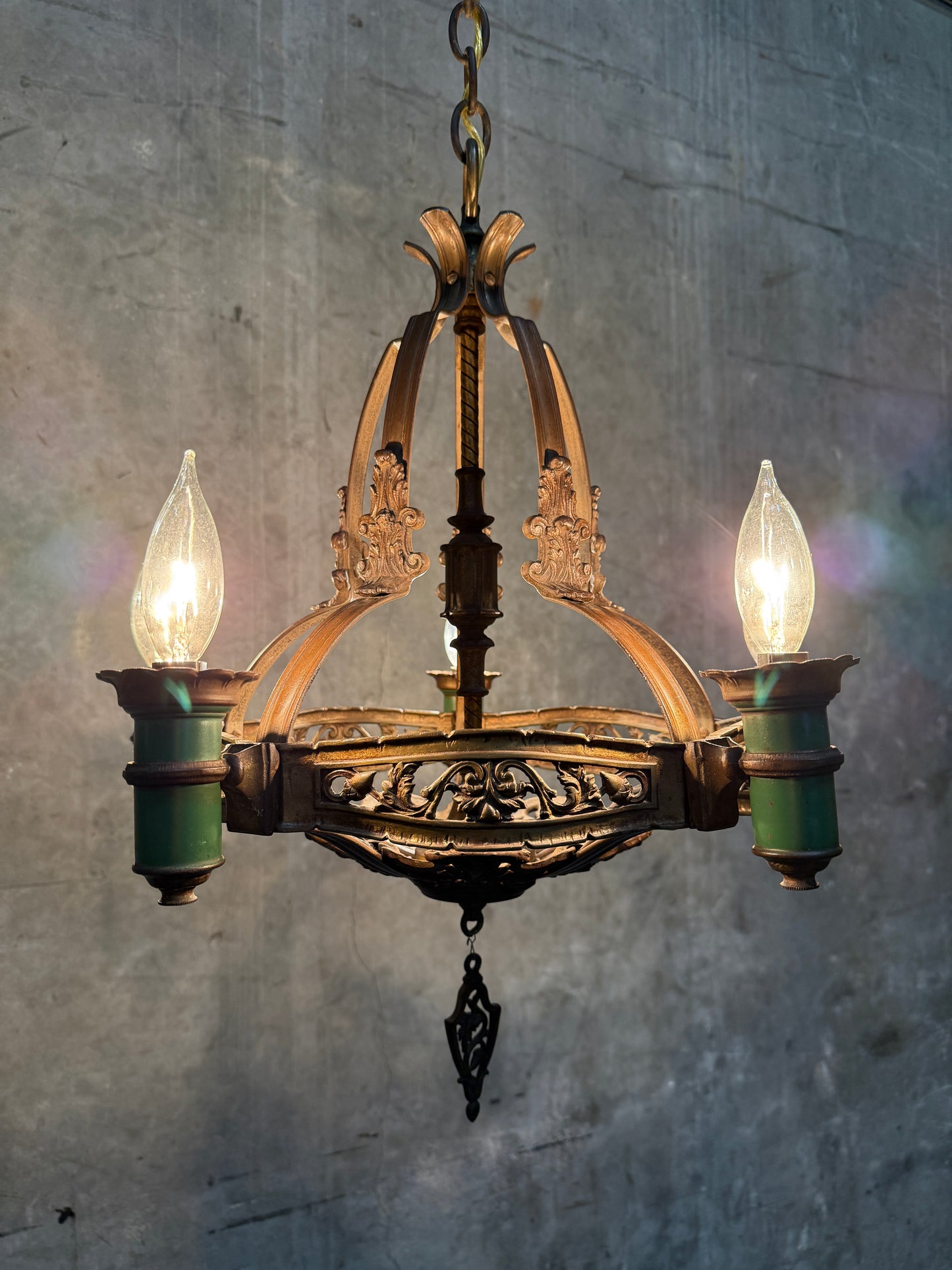 1920s Spanish Revival / Gothic Revival Cast Iron Chandelier – 4-Light Fixture with Green Candle Sleeves (20” Diameter)