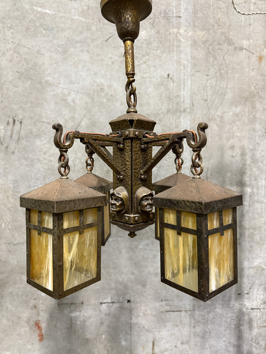 Antique Arts & Crafts Hammered Iron “Monk” Chandelier – Slag Glass Lantern Fixture (20”)