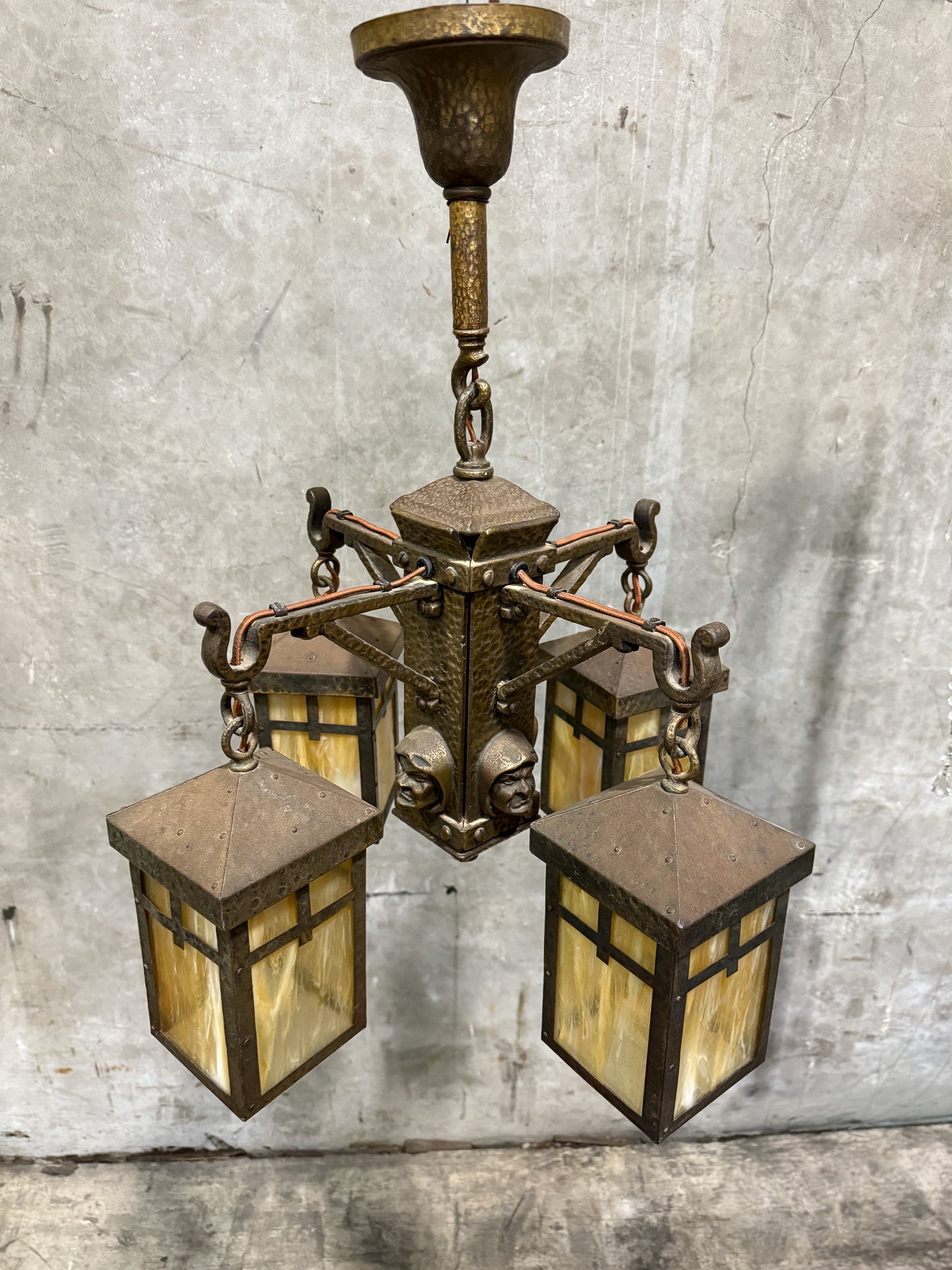 Antique Arts & Crafts Hammered Iron “Monk” Chandelier – Slag Glass Lantern Fixture (20”)