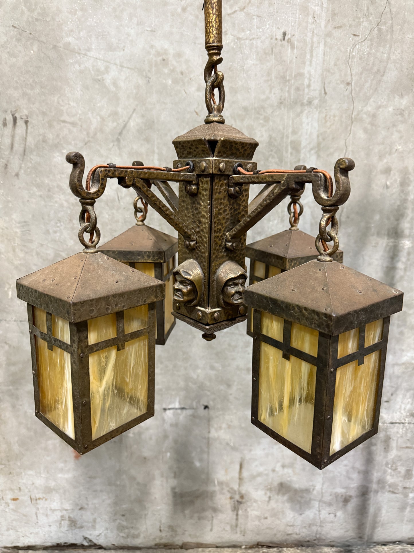 Antique Arts & Crafts Hammered Iron “Monk” Chandelier – Slag Glass Lantern Fixture (20”)