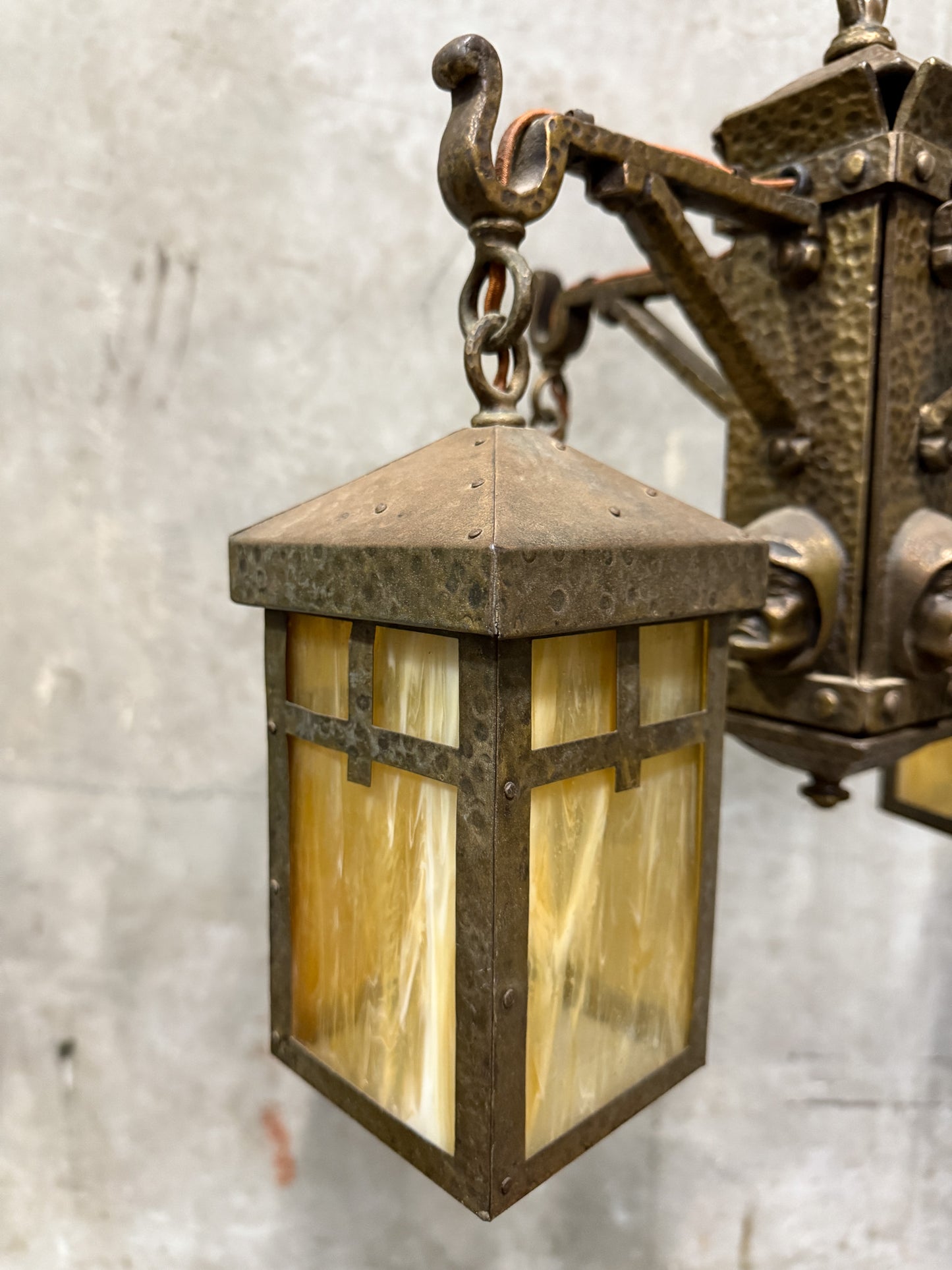 Antique Arts & Crafts Hammered Iron “Monk” Chandelier – Slag Glass Lantern Fixture (20”)