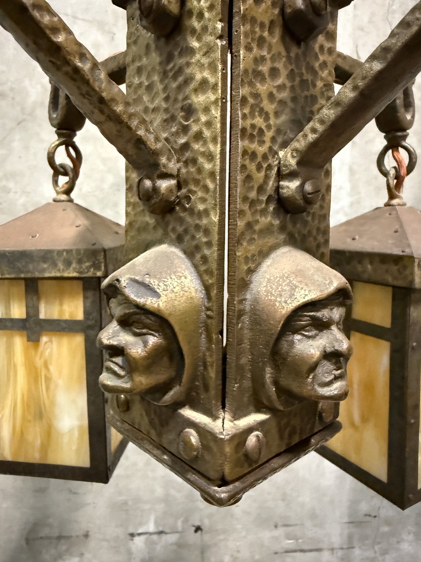 Antique Arts & Crafts Hammered Iron “Monk” Chandelier – Slag Glass Lantern Fixture (20”)