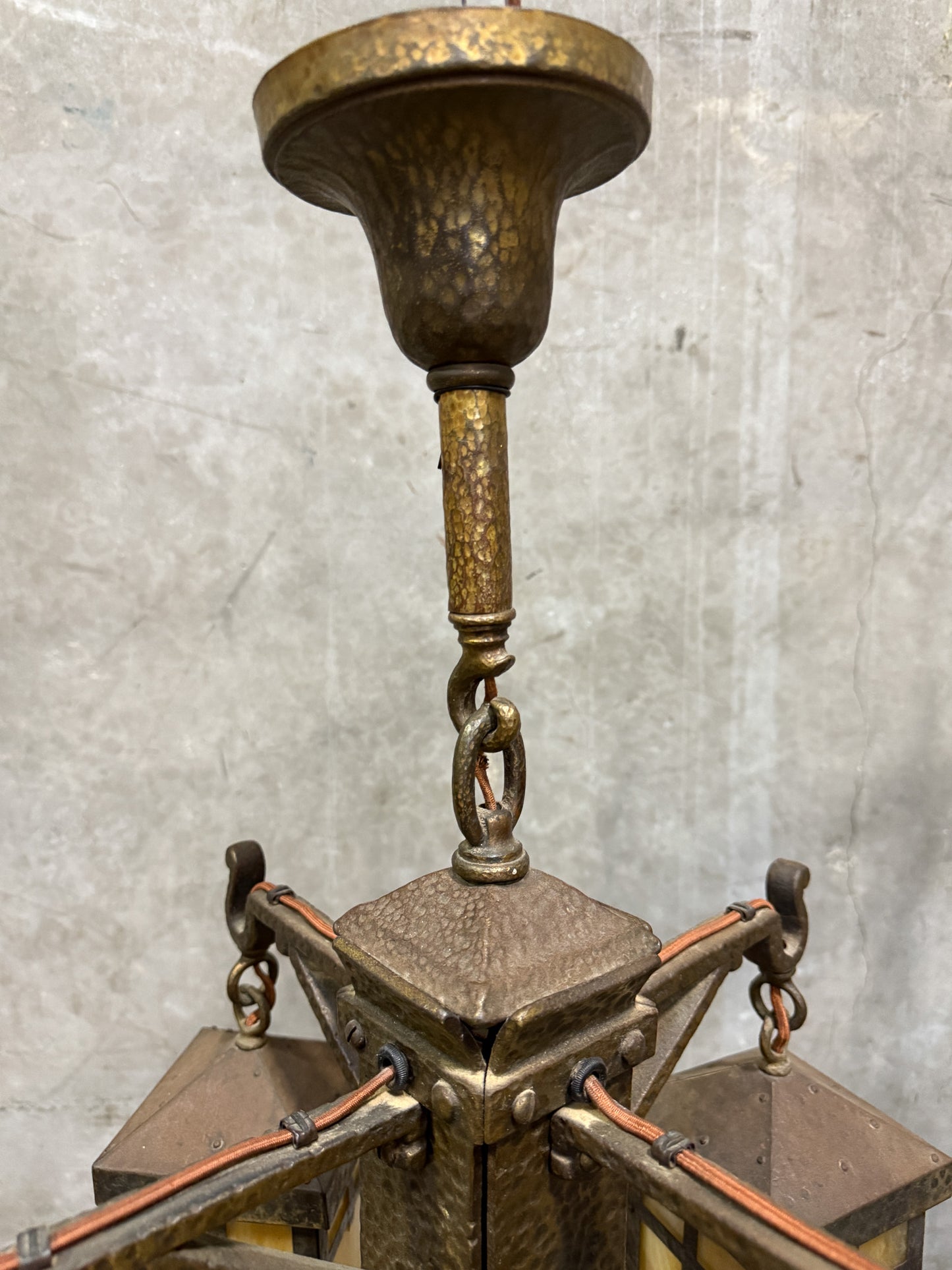 Antique Arts & Crafts Hammered Iron “Monk” Chandelier – Slag Glass Lantern Fixture (20”)