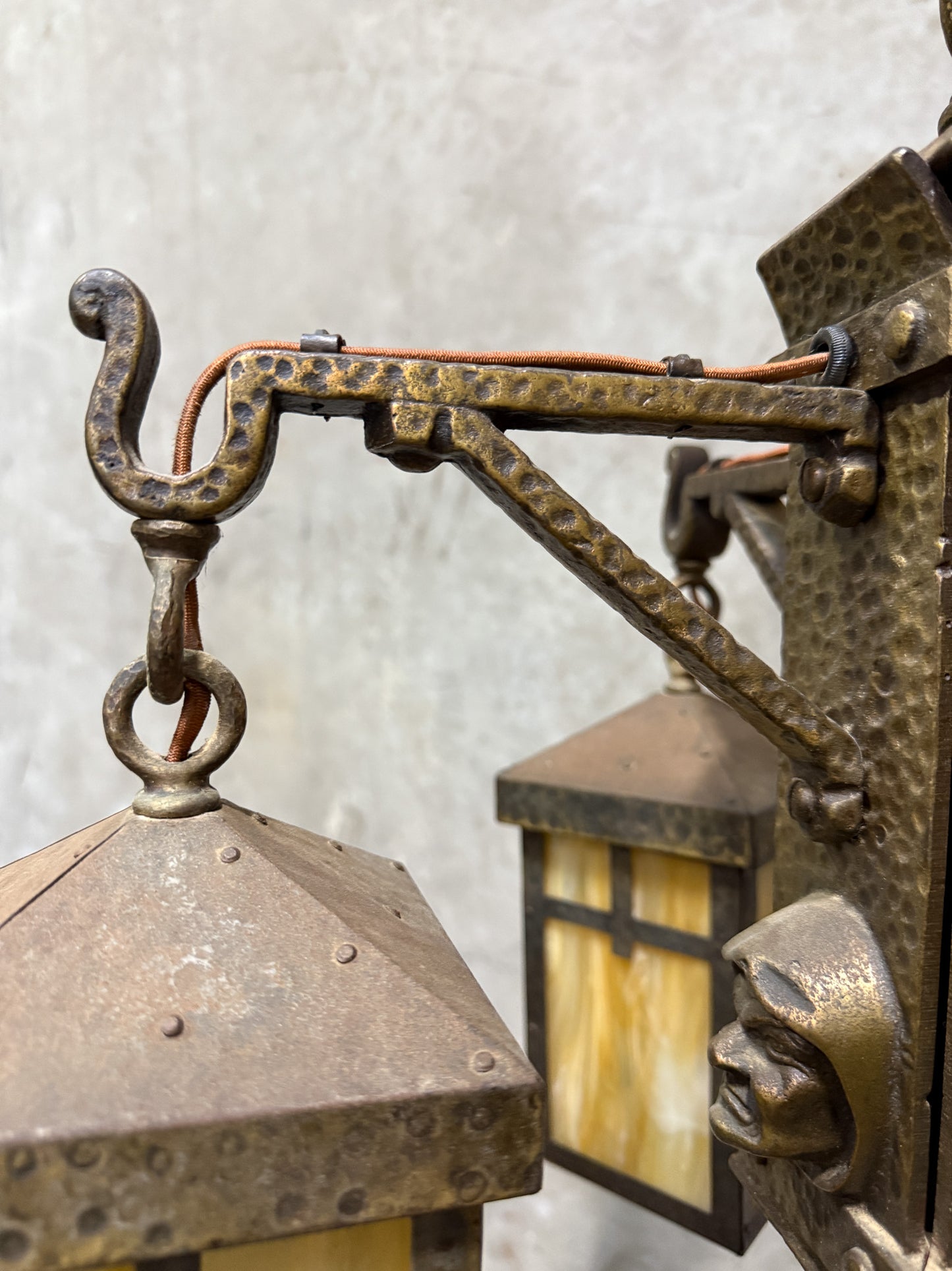 Antique Arts & Crafts Hammered Iron “Monk” Chandelier – Slag Glass Lantern Fixture (20”)