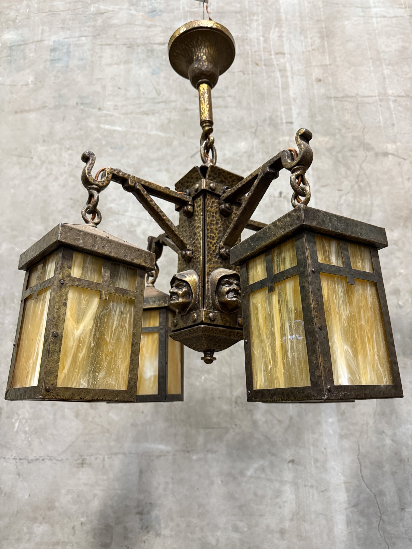 Antique Arts & Crafts Hammered Iron “Monk” Chandelier – Slag Glass Lantern Fixture (20”)