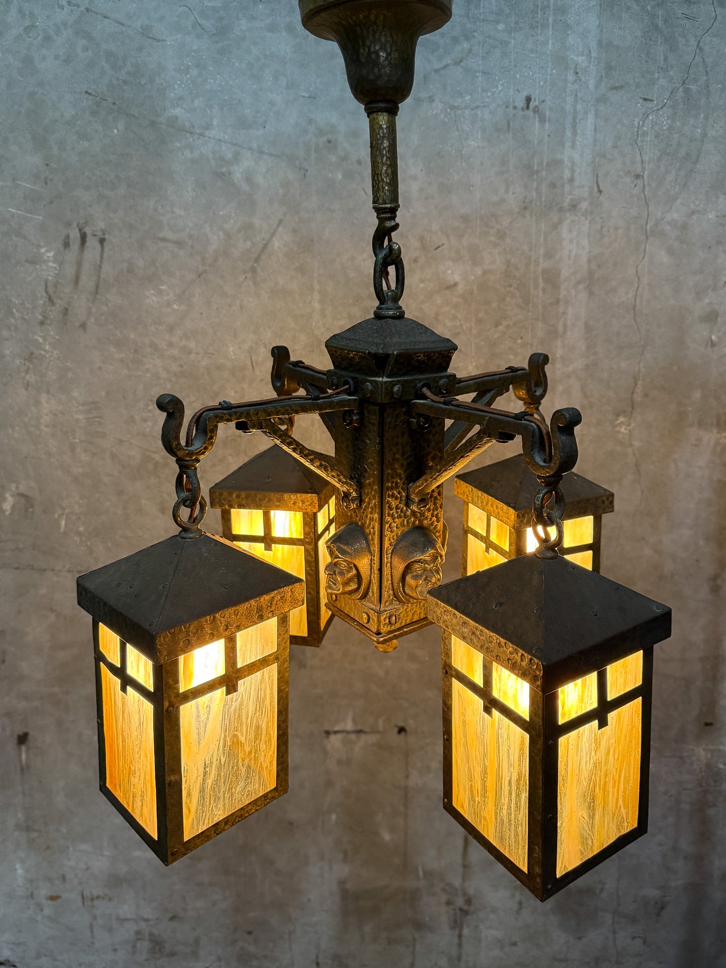 Antique Arts & Crafts Hammered Iron “Monk” Chandelier – Slag Glass Lantern Fixture (20”)