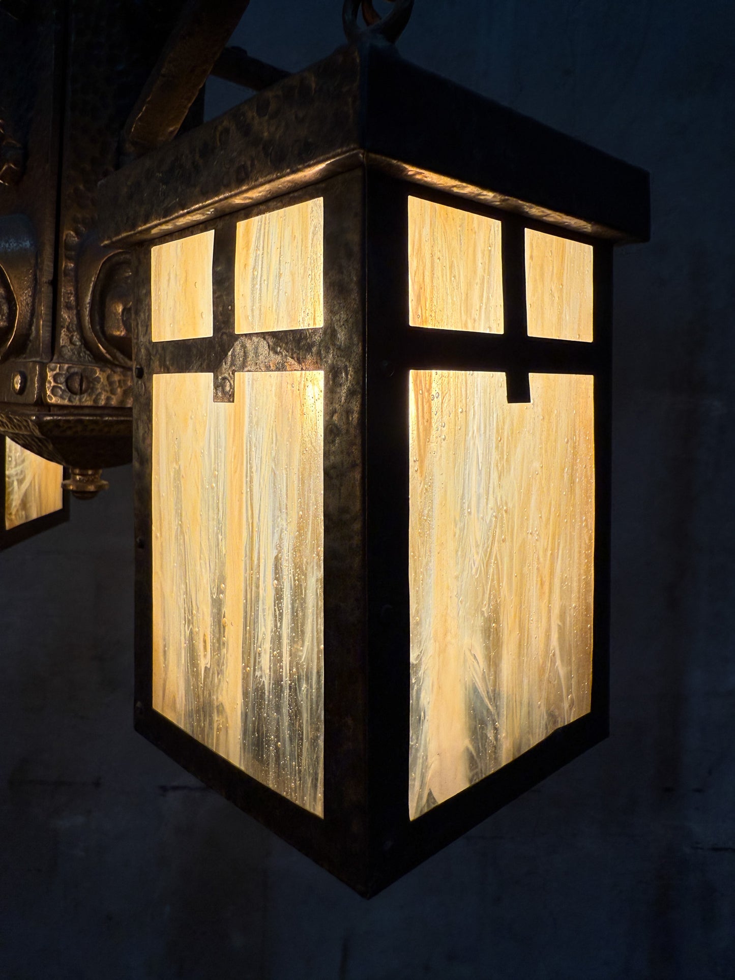 Antique Arts & Crafts Hammered Iron “Monk” Chandelier – Slag Glass Lantern Fixture (20”)