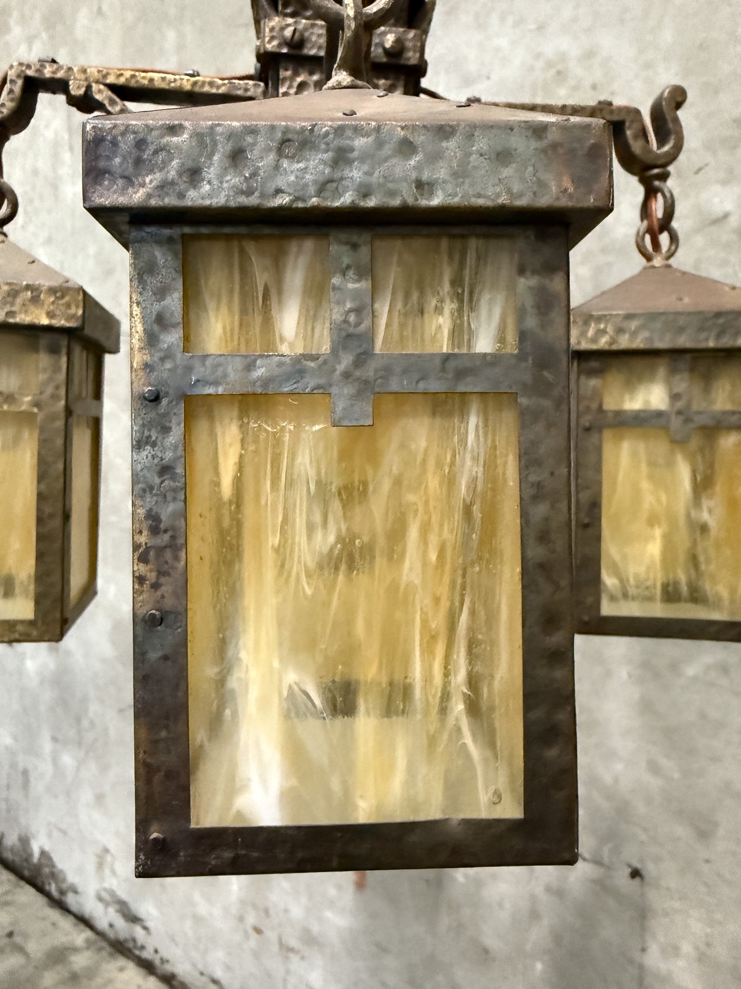 Antique Arts & Crafts Hammered Iron “Monk” Chandelier – Slag Glass Lantern Fixture (20”)
