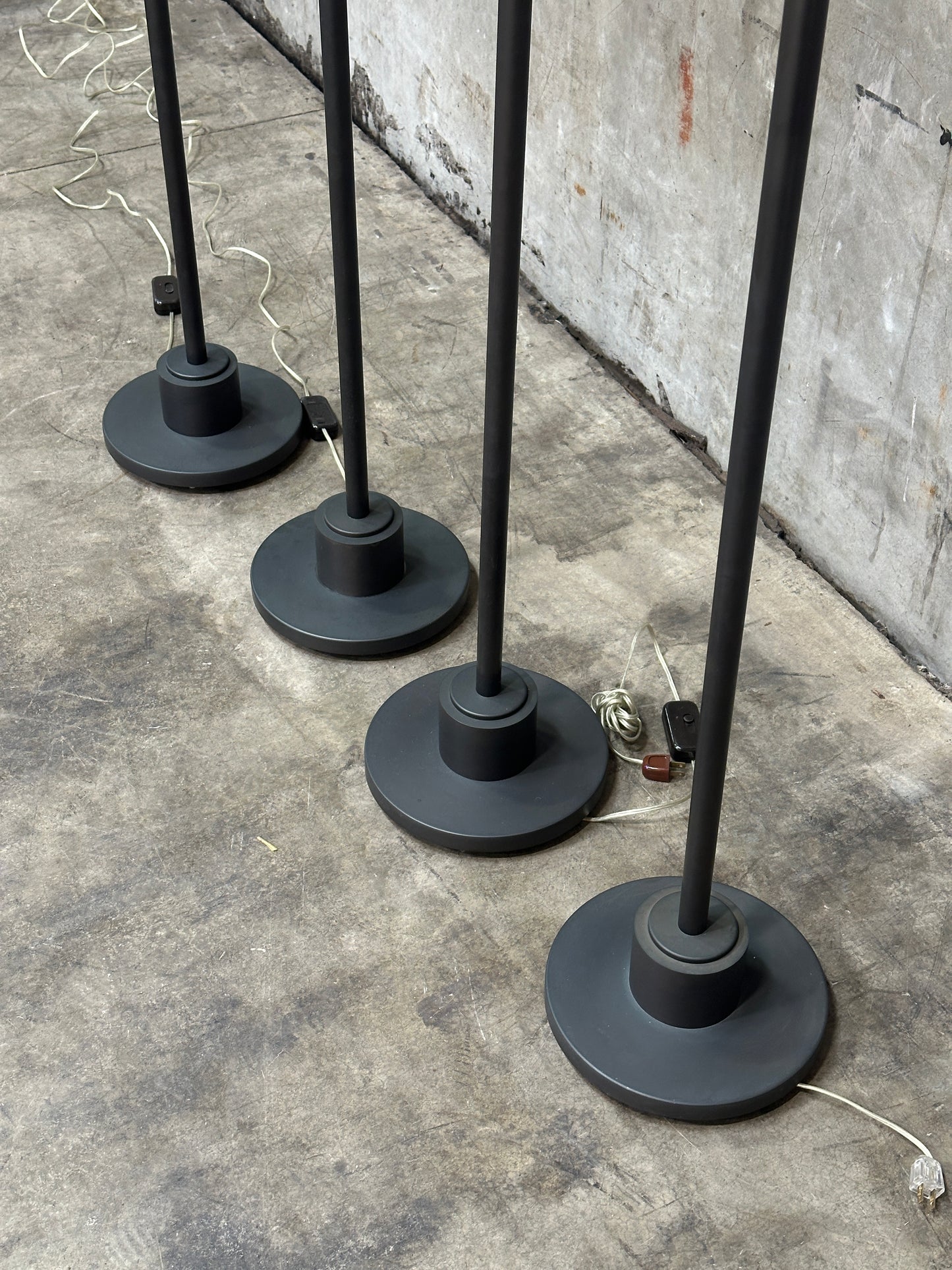 Vintage 1980s Brass Halogen Floor Lamp, R7s Linear Halogen Tubes, Glass Cylinder Diffusers, Casella-Style — 1 of 4 Available, Sold Individually