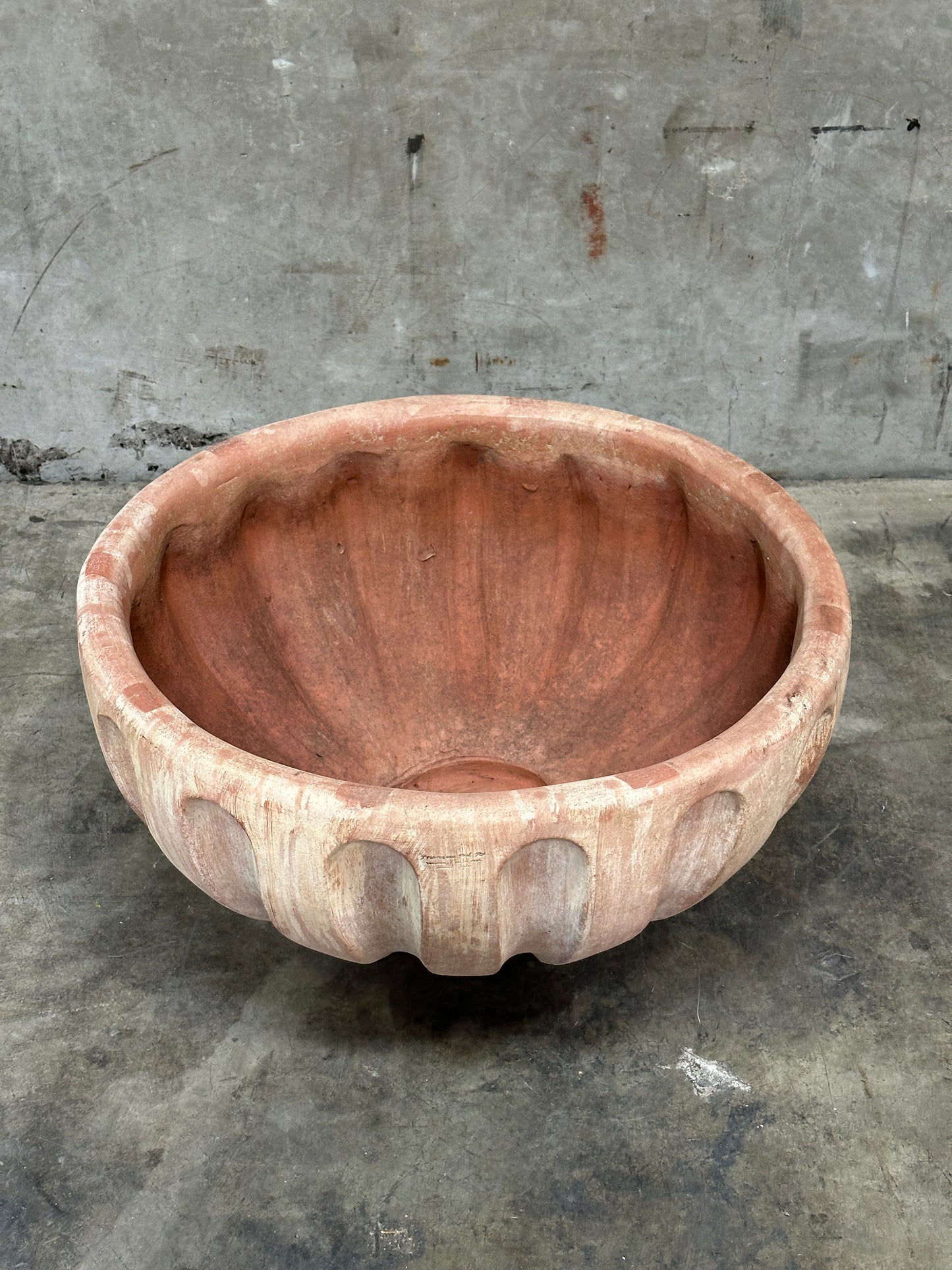 Francesco Del Re Italian Terracotta Fluted Bowl Planter, Ciotola Scanalata, 31.5 Inch, Weathered Patina