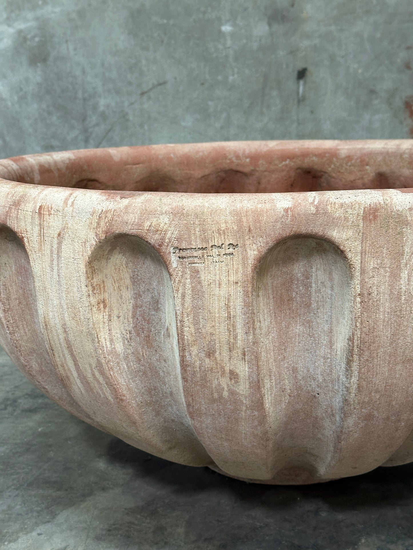 Francesco Del Re Italian Terracotta Fluted Bowl Planter, Ciotola Scanalata, 31.5 Inch, Weathered Patina