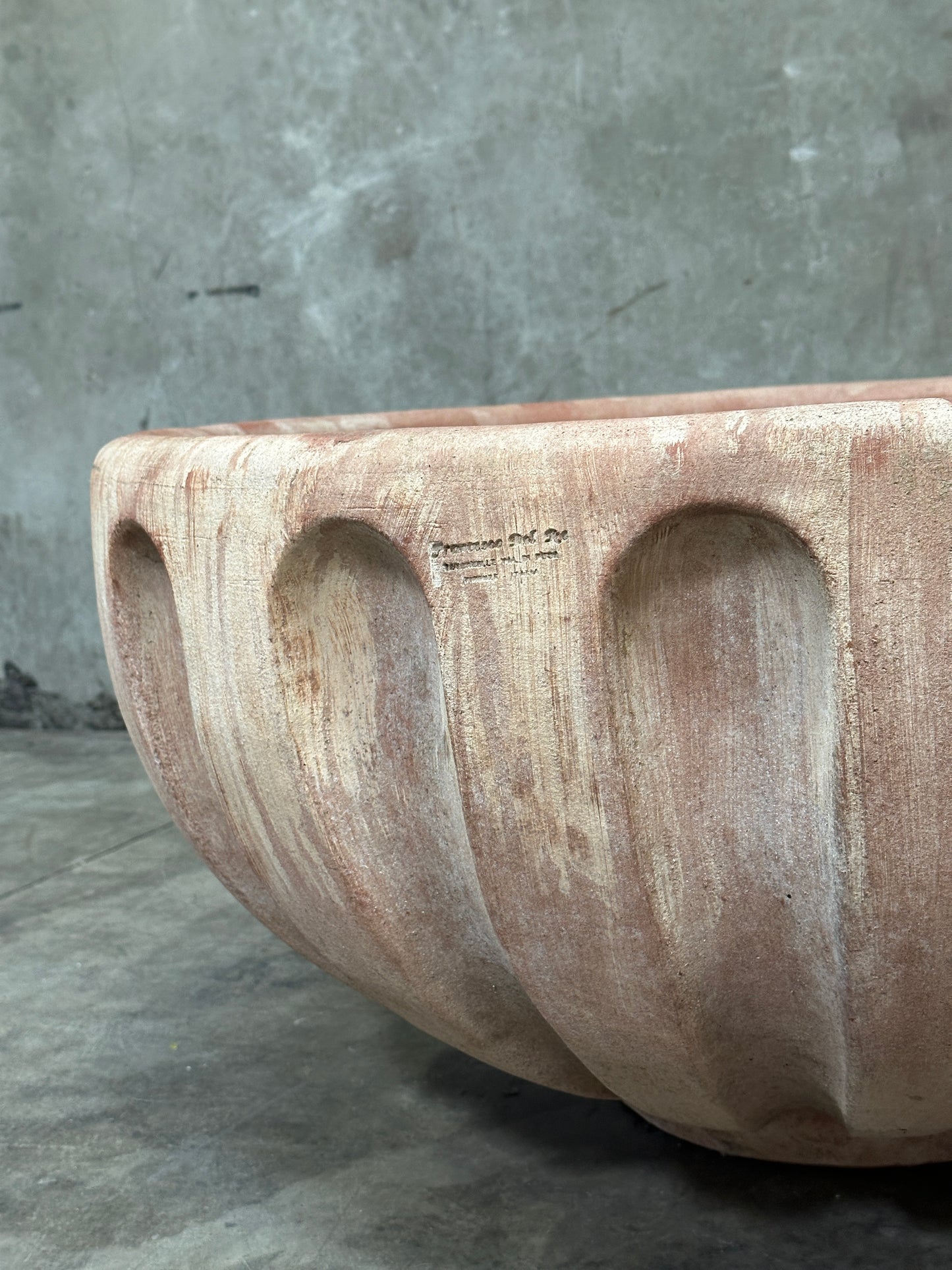 Francesco Del Re Italian Terracotta Fluted Bowl Planter, Ciotola Scanalata, 31.5 Inch, Weathered Patina