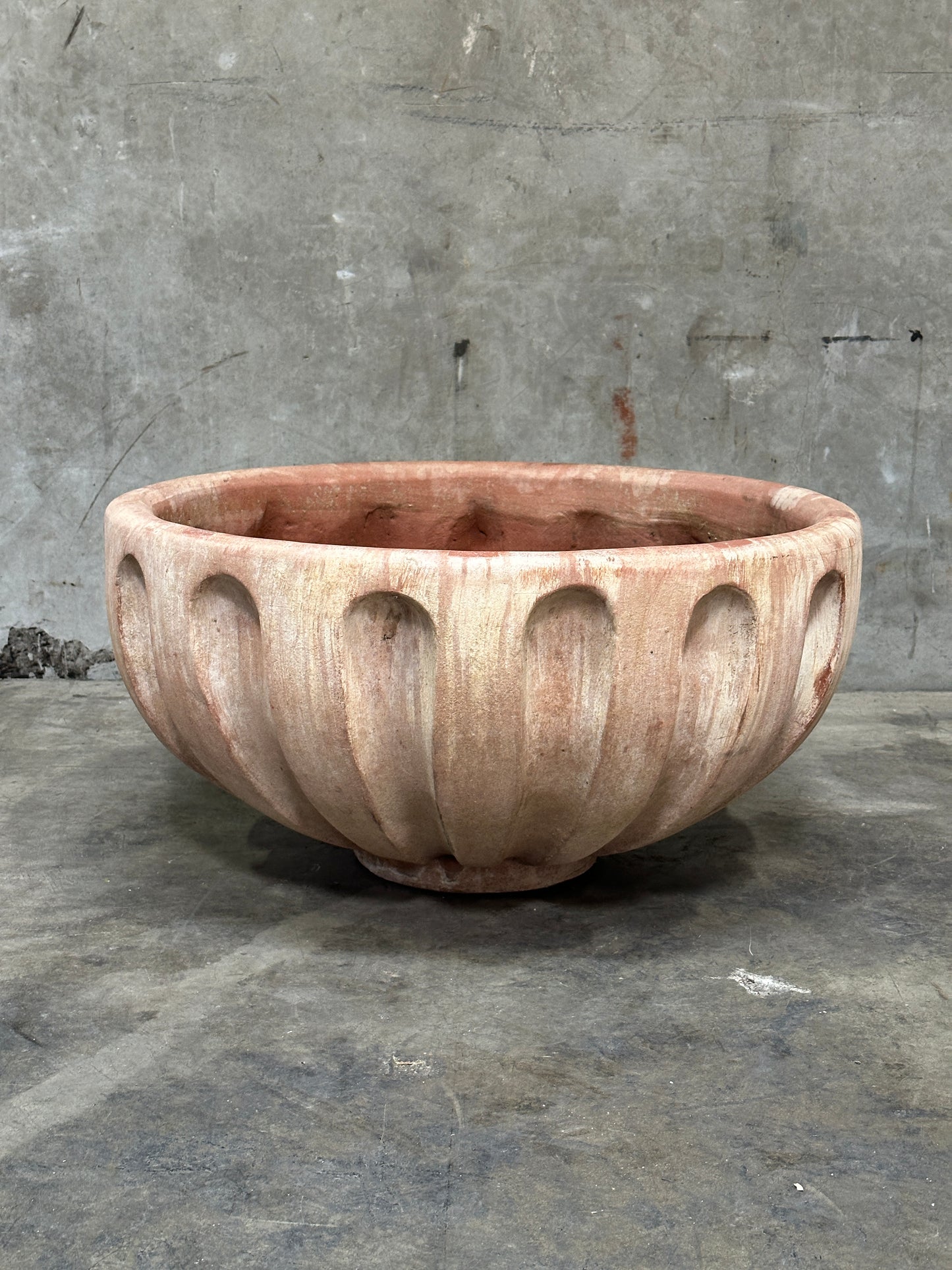 Francesco Del Re Italian Terracotta Fluted Bowl Planter, Ciotola Scanalata, 31.5 Inch, Weathered Patina