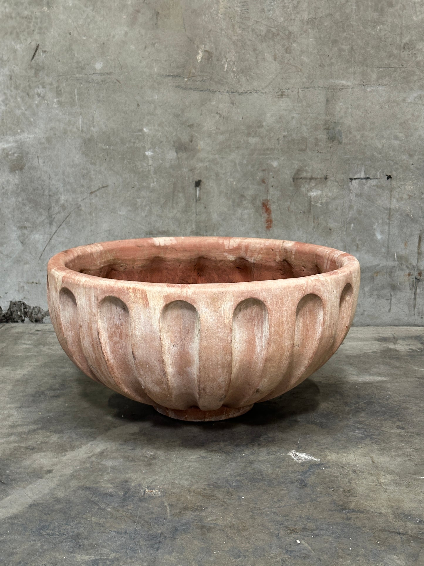 Francesco Del Re Italian Terracotta Fluted Bowl Planter, Ciotola Scanalata, 31.5 Inch, Weathered Patina