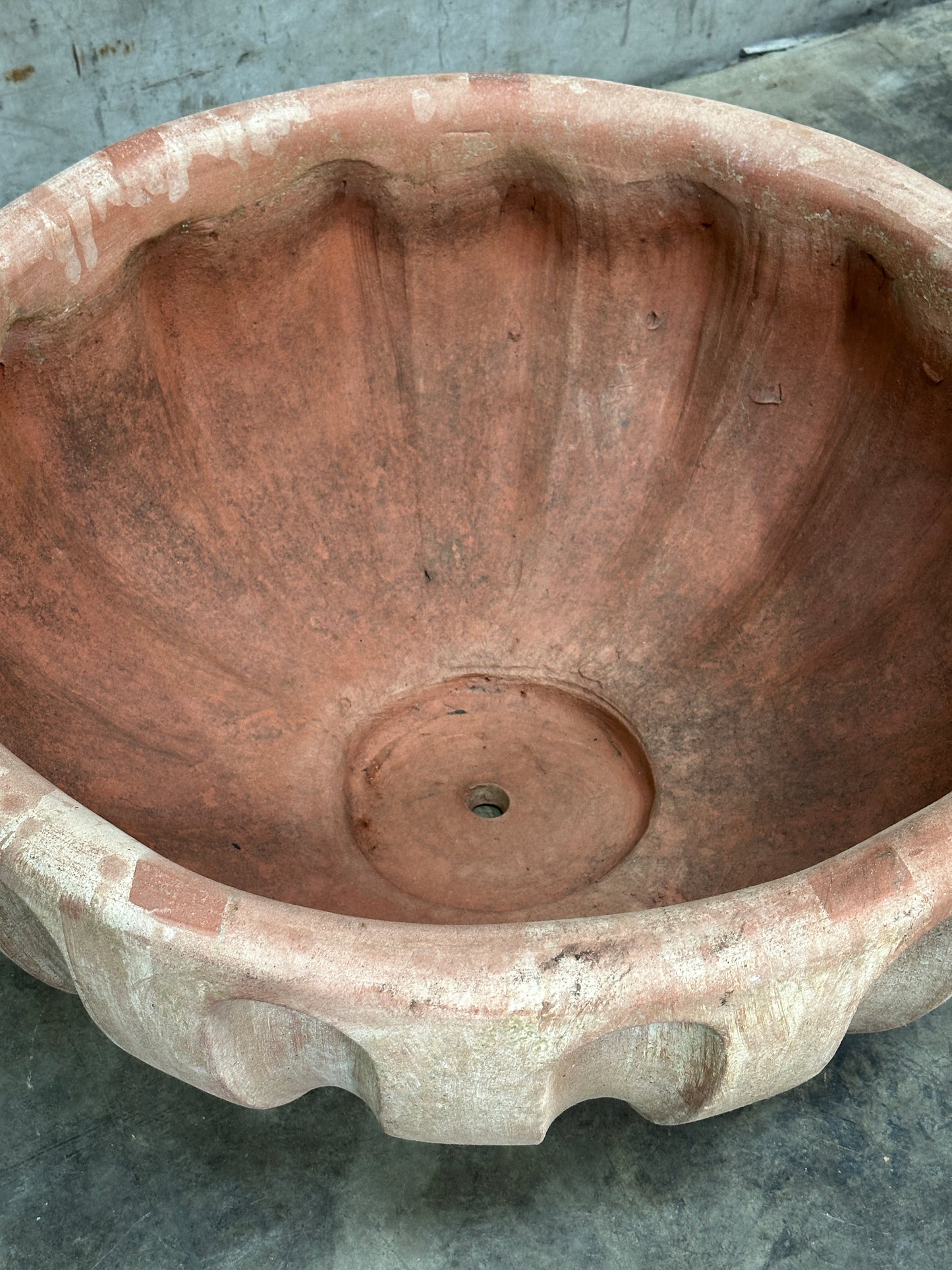 Francesco Del Re Italian Terracotta Fluted Bowl Planter, Ciotola Scanalata, 31.5 Inch, Weathered Patina