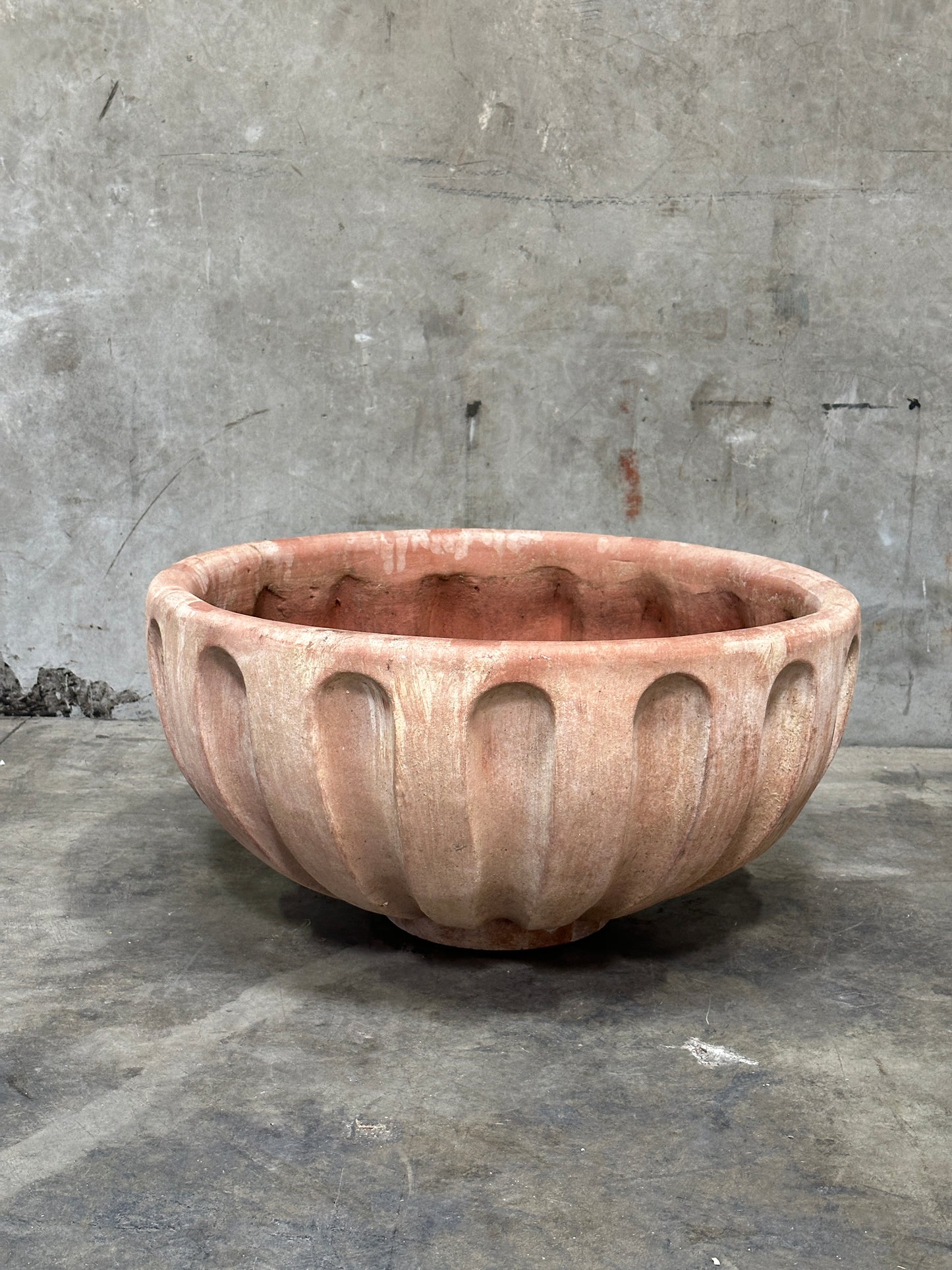 Francesco Del Re Italian Terracotta Fluted Bowl Planter, Ciotola Scanalata, 31.5 Inch, Weathered Patina
