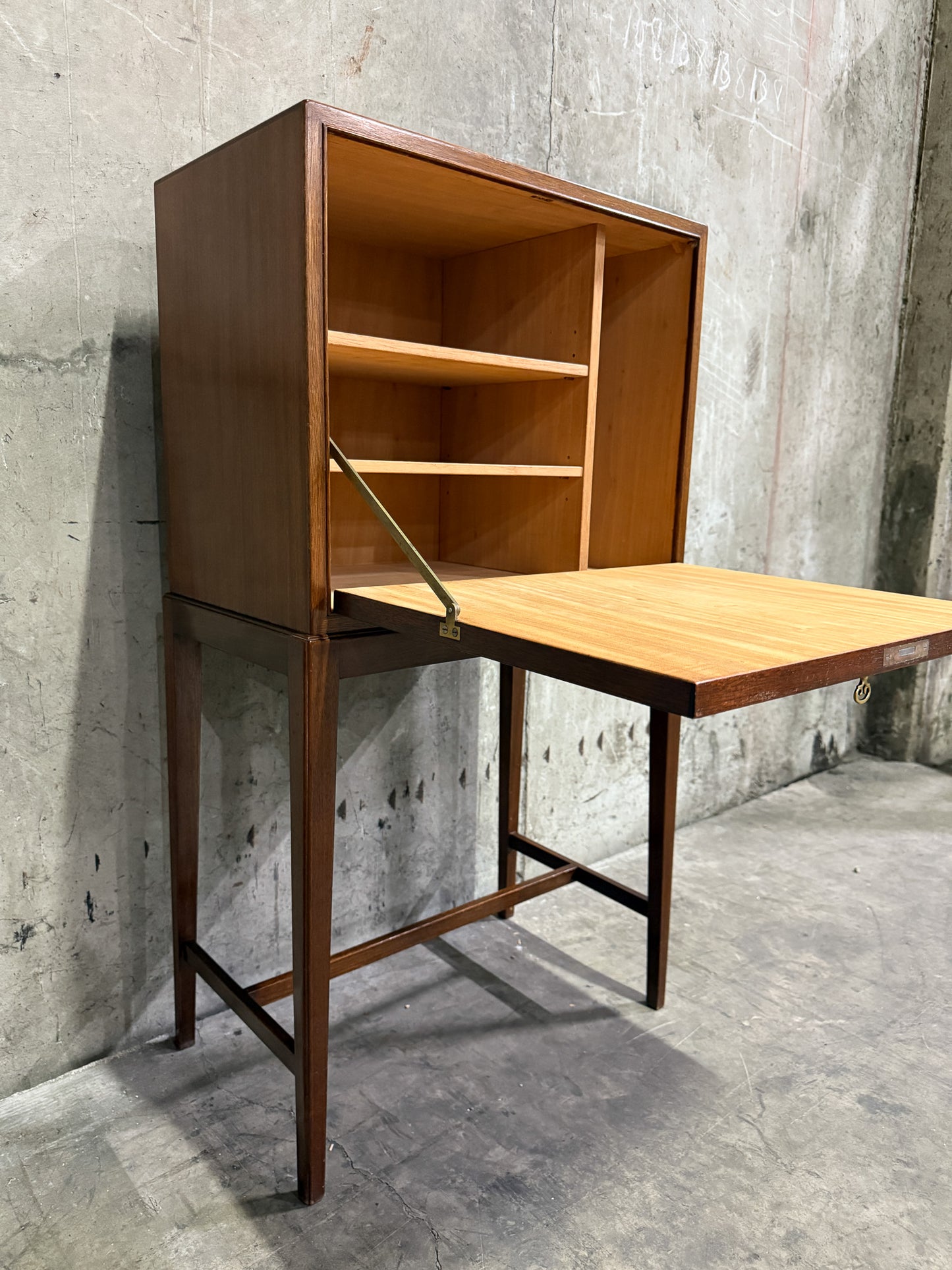 Frits Henningsen Danish Teak Drop-Front Bar Cabinet – 1940s Mid-Century Secretary (38” Tall)