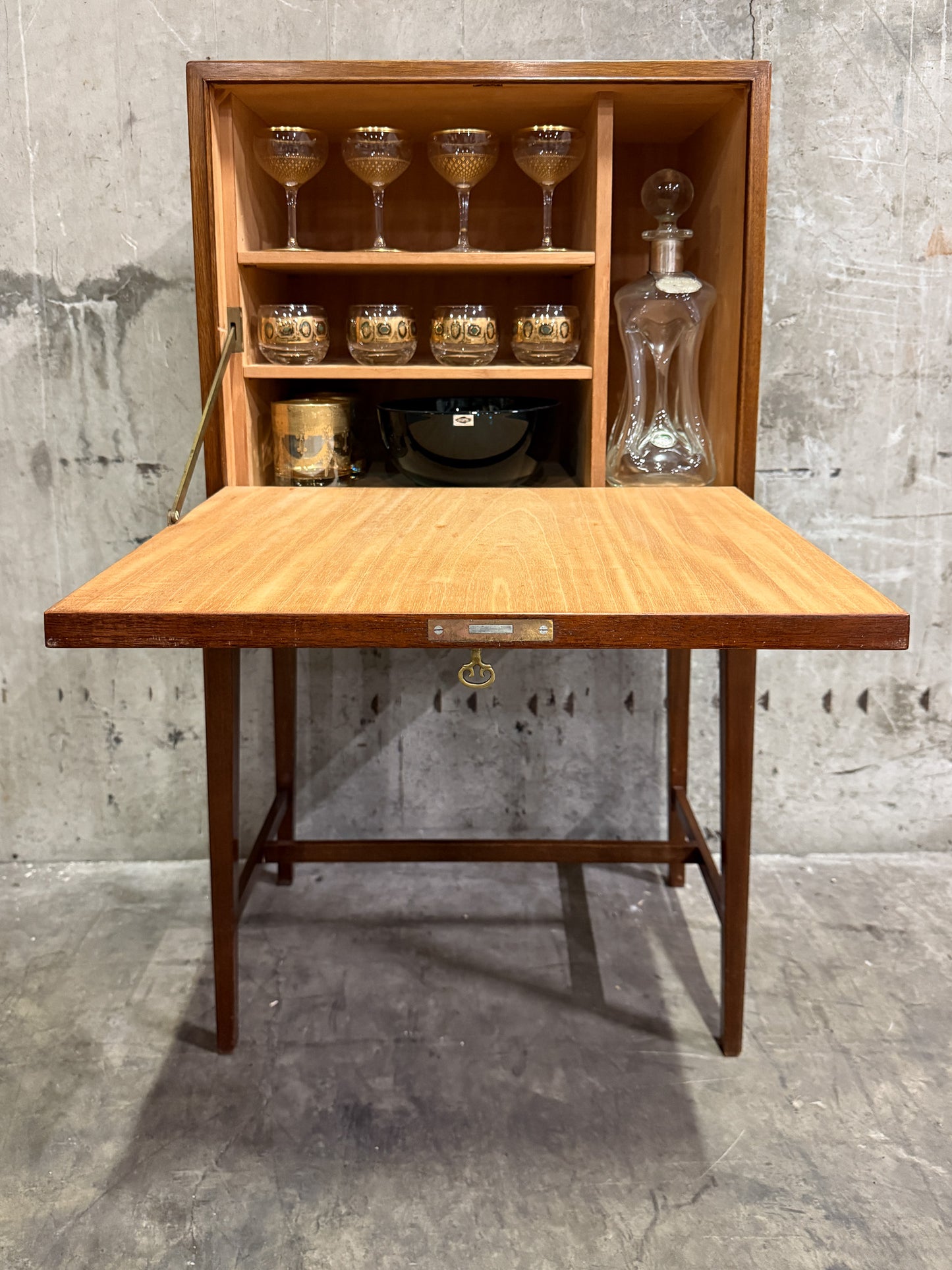 Frits Henningsen Danish Teak Drop-Front Bar Cabinet – 1940s Mid-Century Secretary (38” Tall)