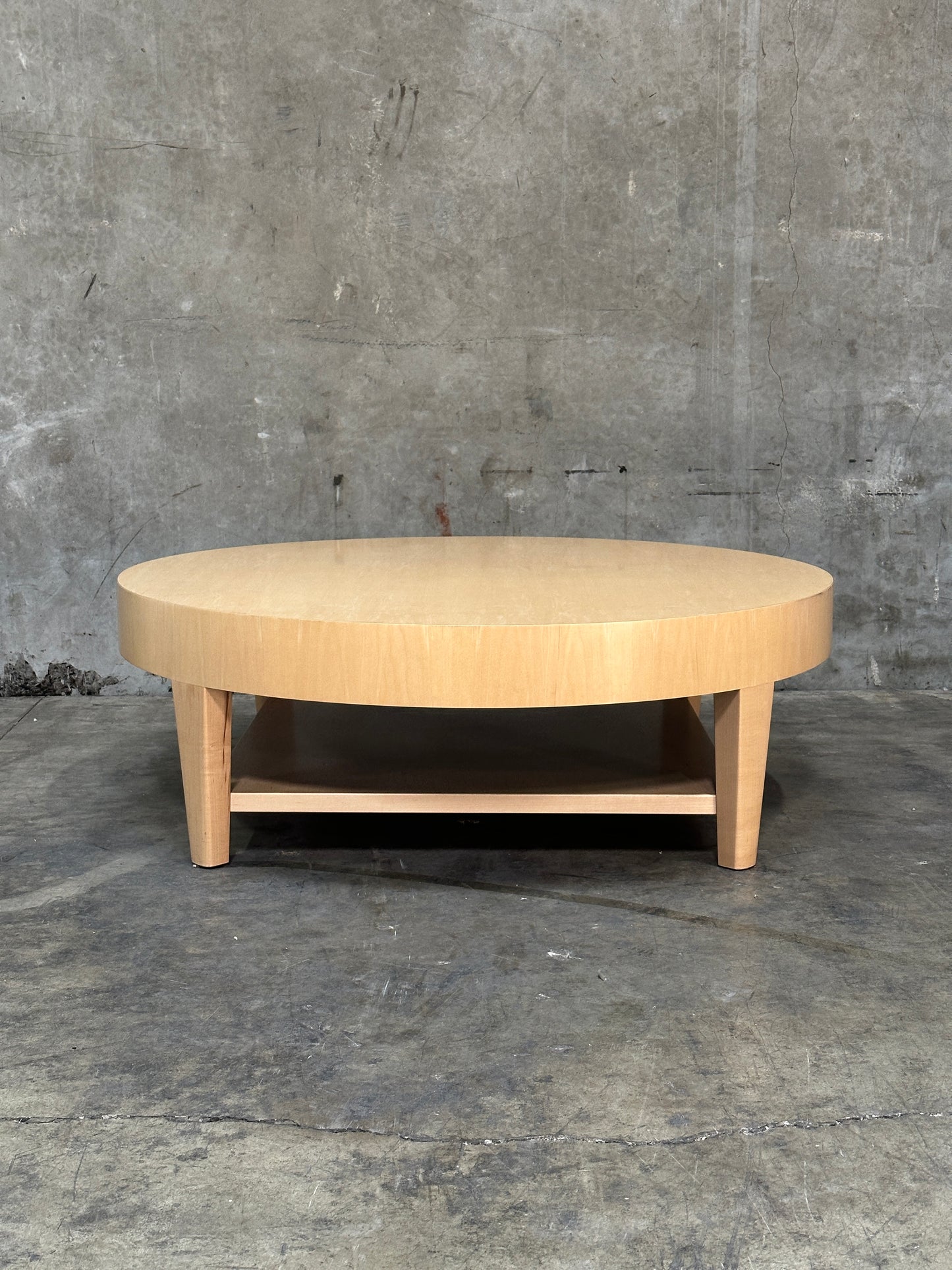 Custom 1970s-80s Round Light Wood Coffee Table, Sculpted Trestle Base, From Michael Taylor-Decorated Estate, 52 Inch